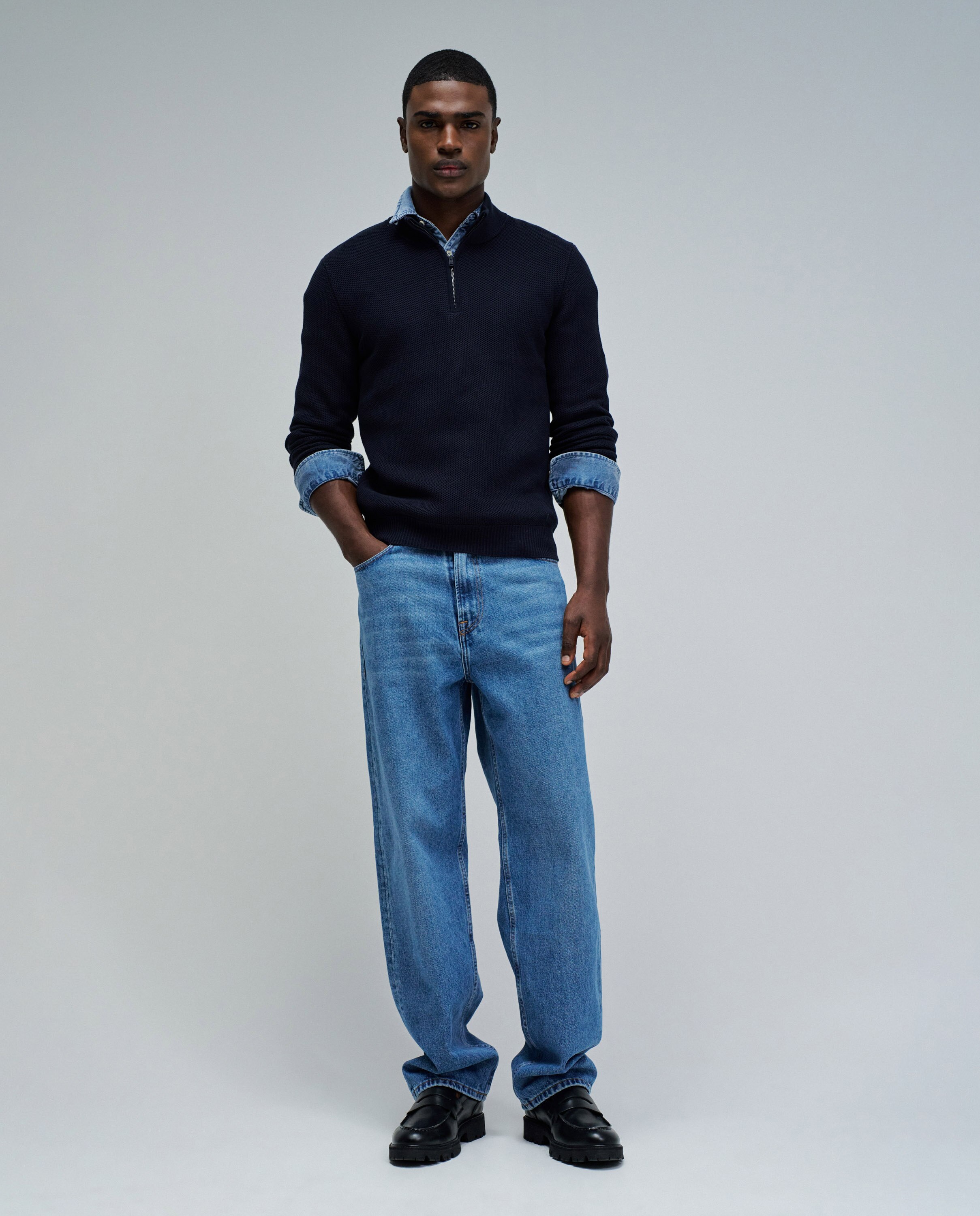 Camisola de Malha com Meio Fecho Azul-marinho-5