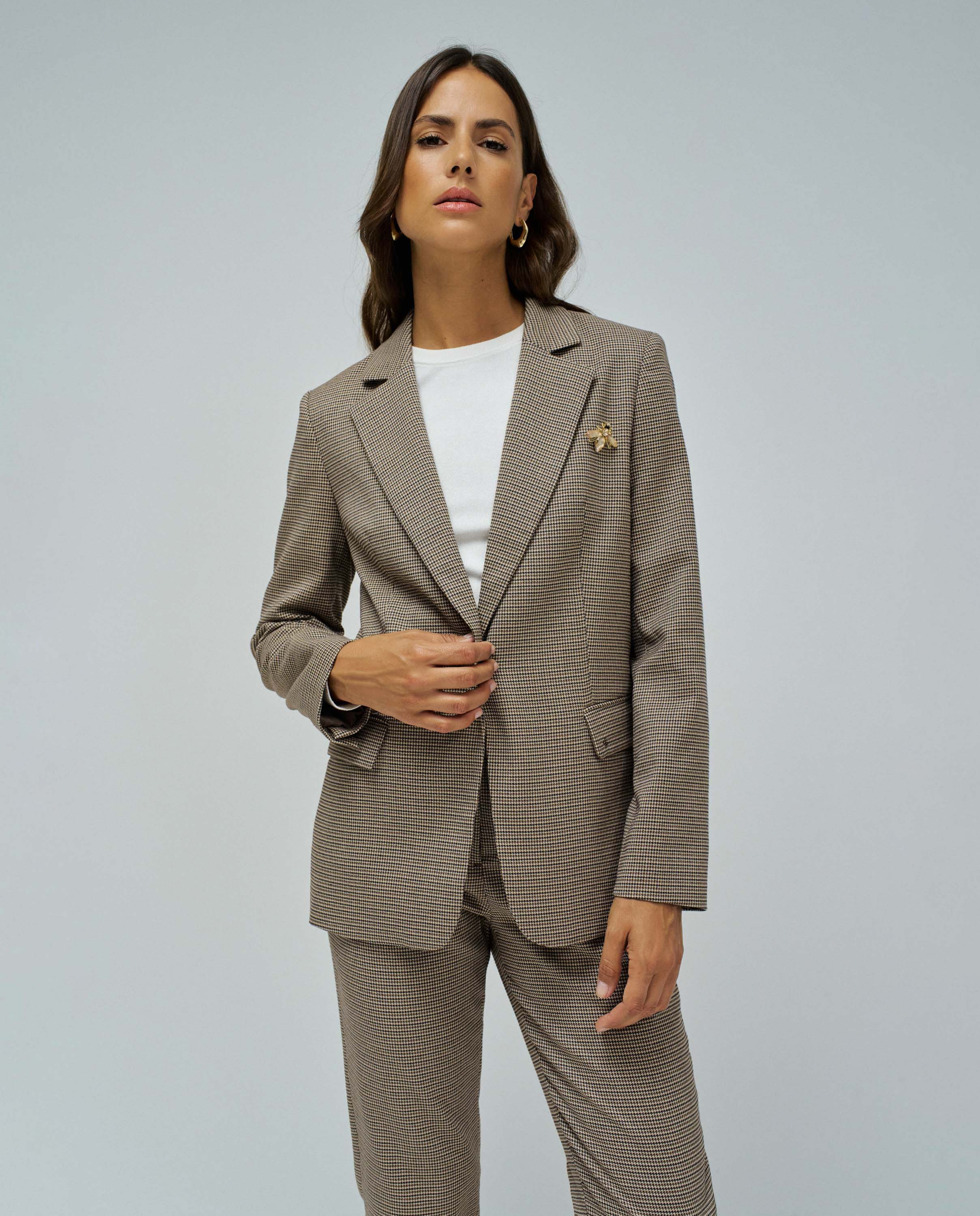 Blazer Ajustado com Estampado Aos Quadrados Camel-1