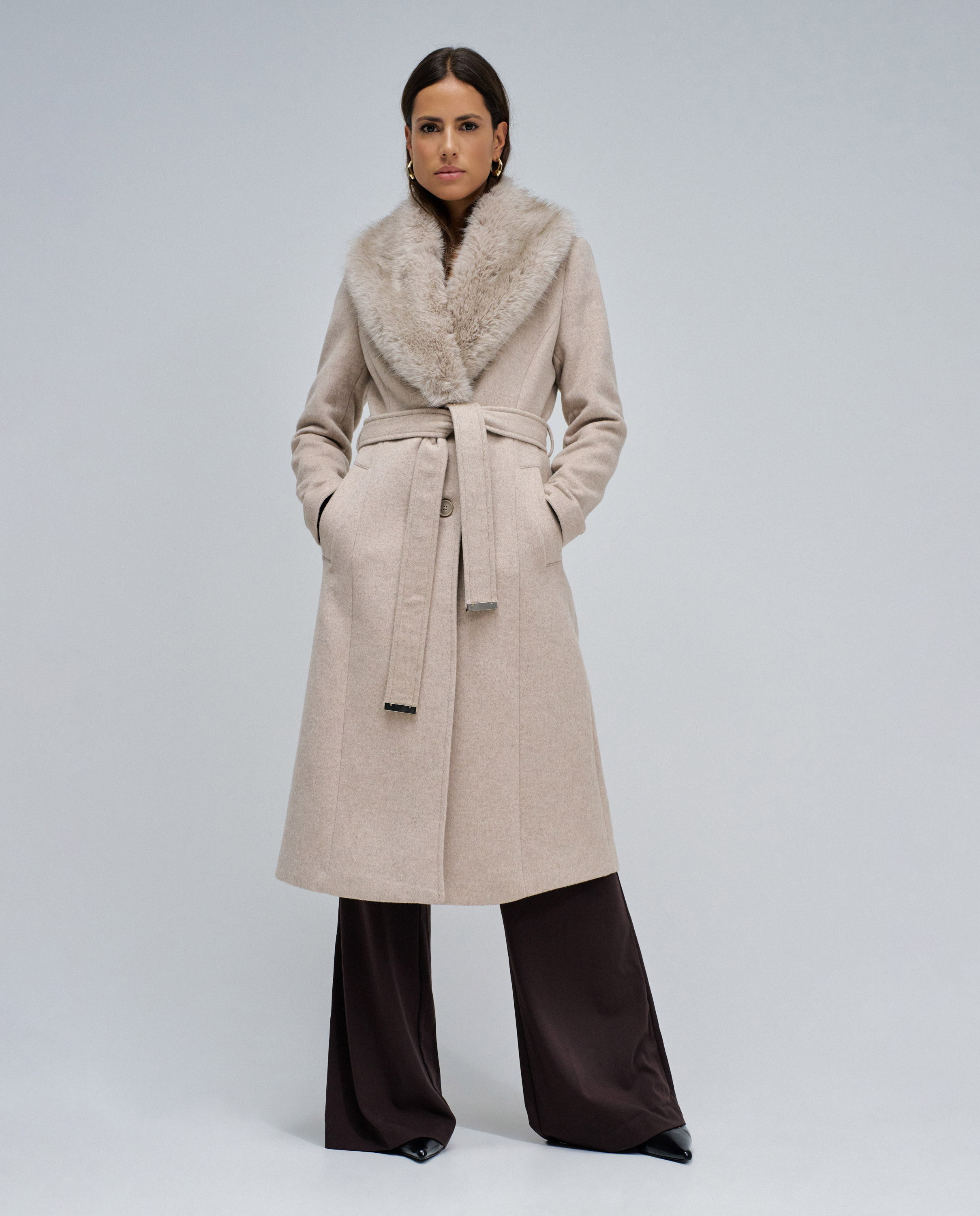 Sobretudo de Pano Grace Comprido com Pelo Natural-5