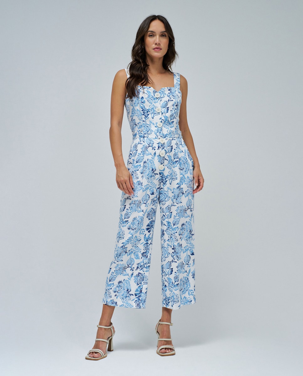 Macacão com Estampado Floral Azul / Branco-1