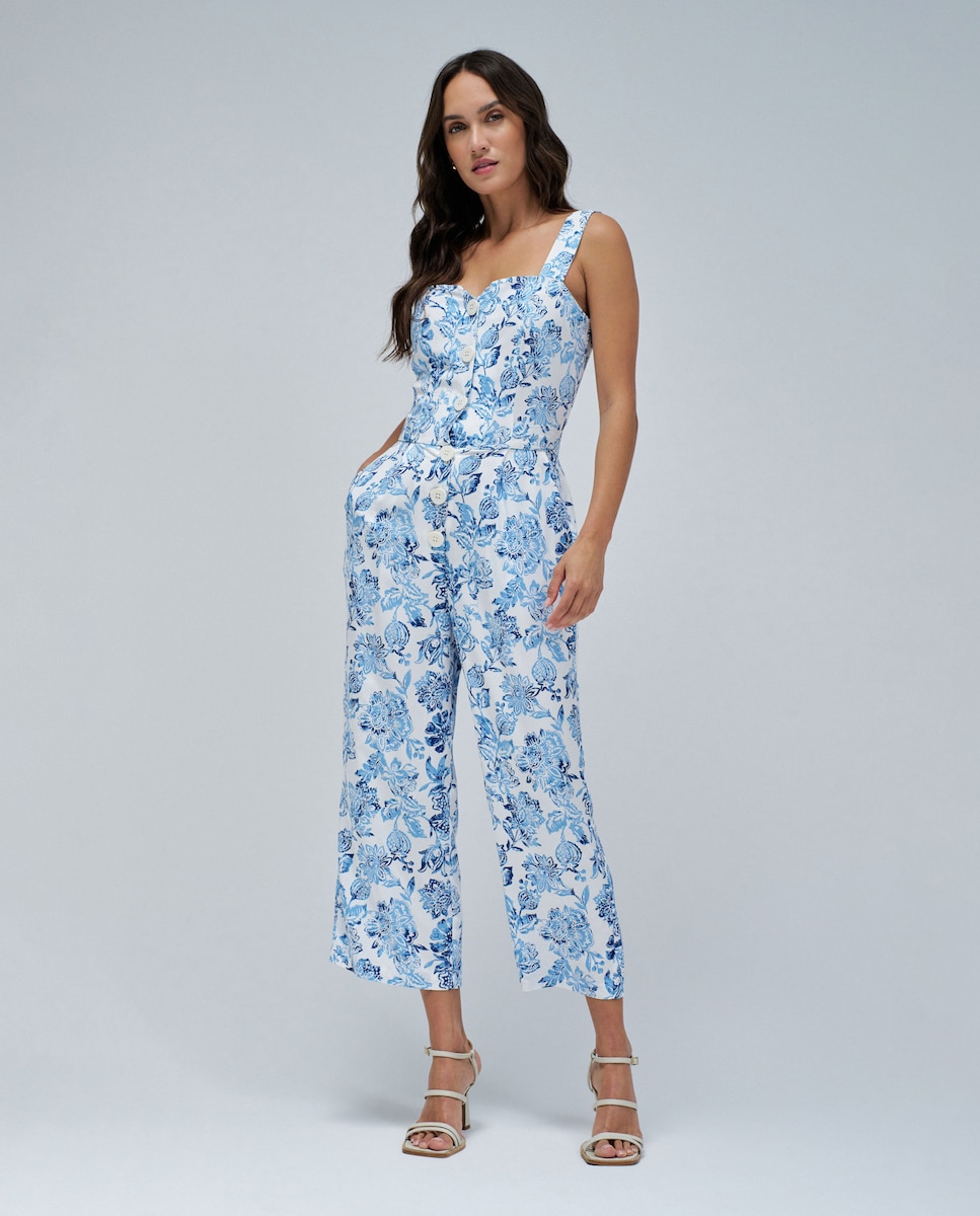 Macacão com Estampado Floral Azul / Branco-5