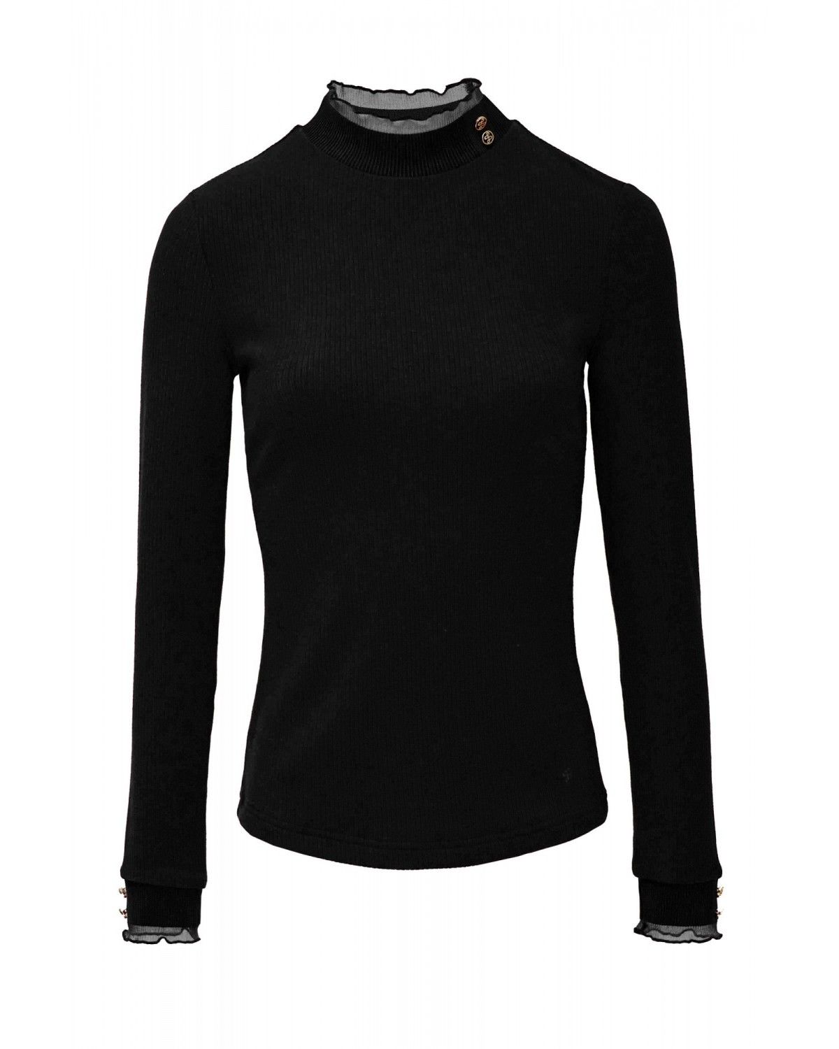 Camisola de Malha com Gola de Tule Preto-6