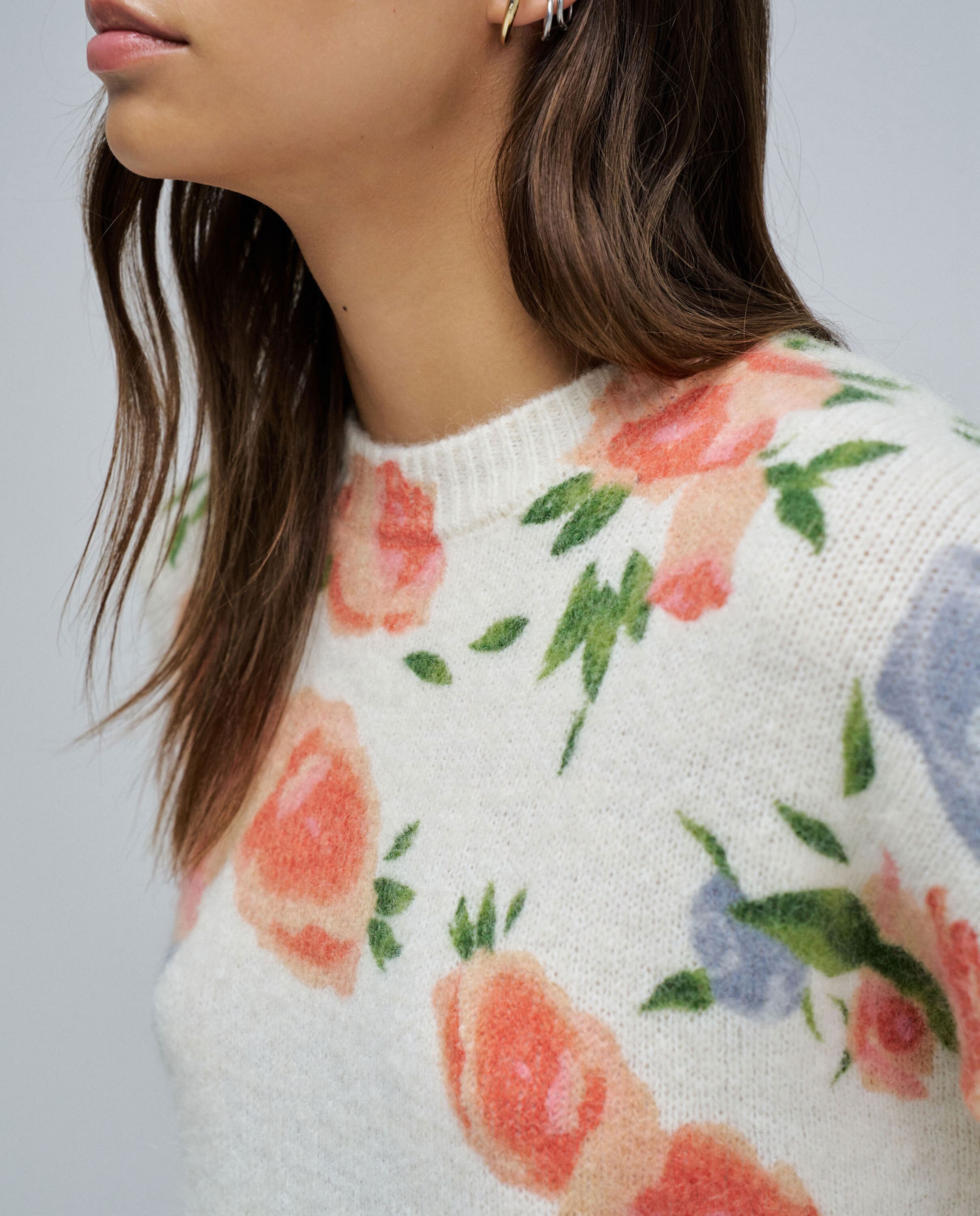 Sweatshirt de Lã e Mohair com Estampado Floral Creme-4
