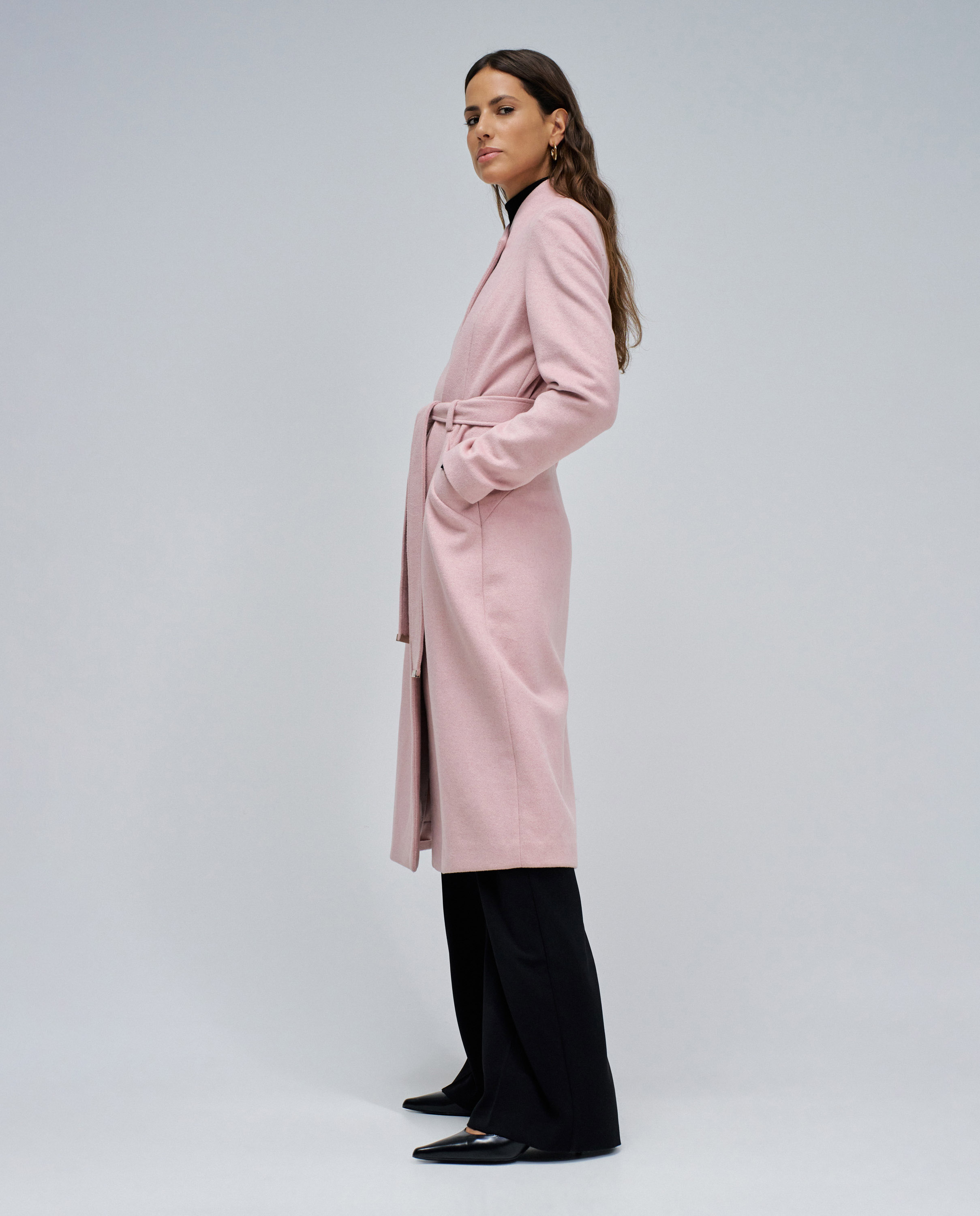 Sobretudo de Pano Grace Comprido com Cinto Rosa-2