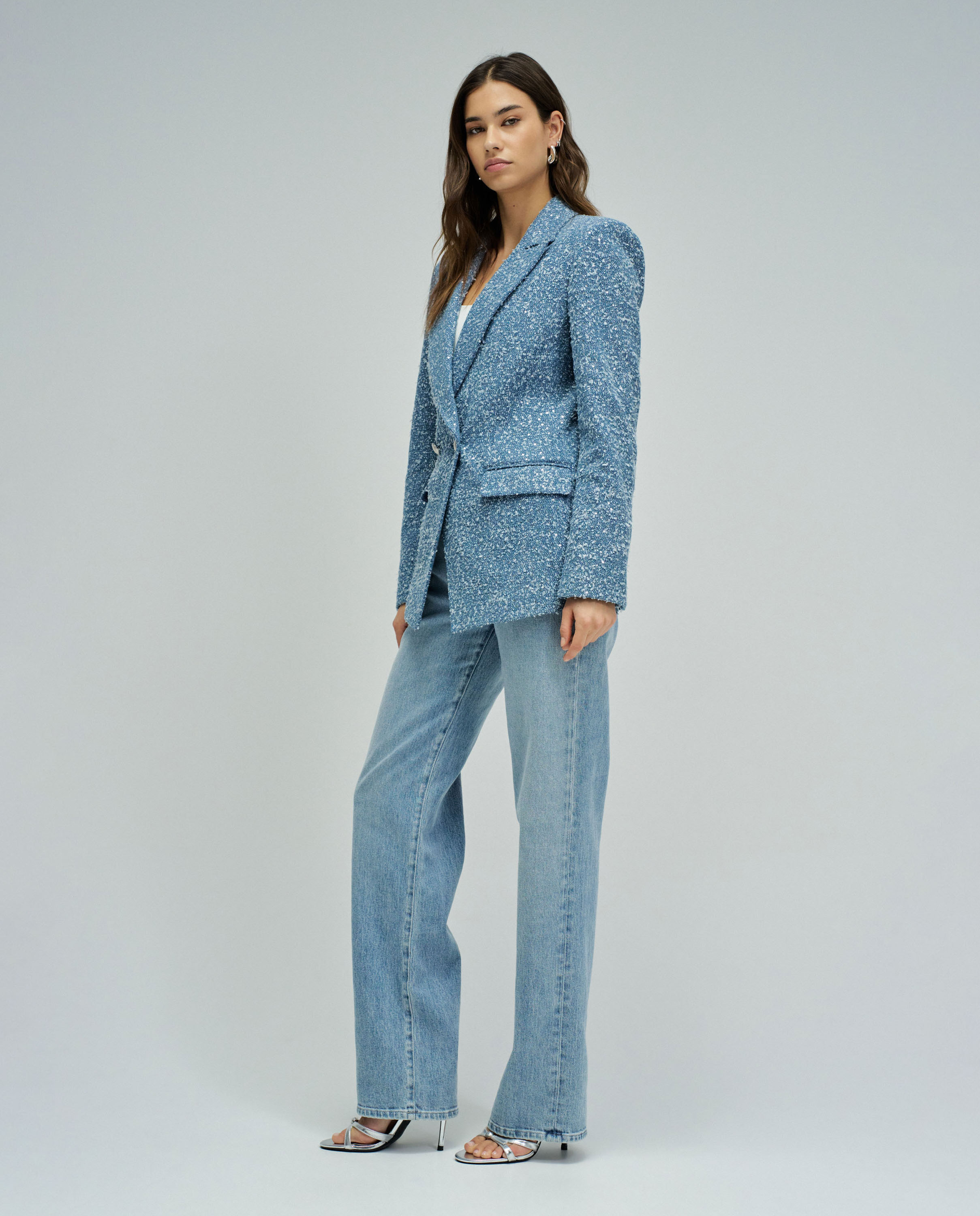 Blazer em Denim com Jacquard e Lantejoulas Azul-2