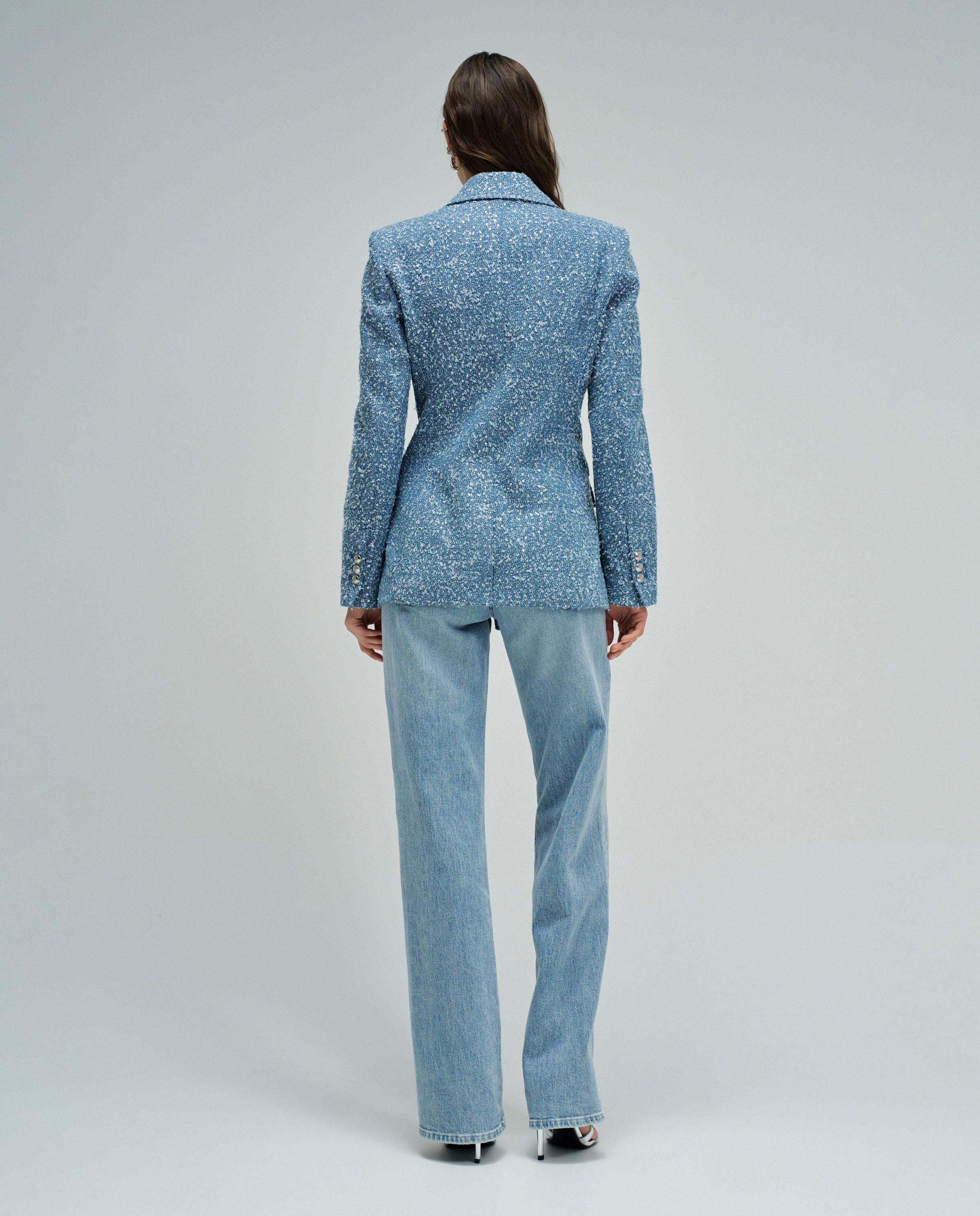 Blazer em Denim com Jacquard e Lantejoulas Azul-3