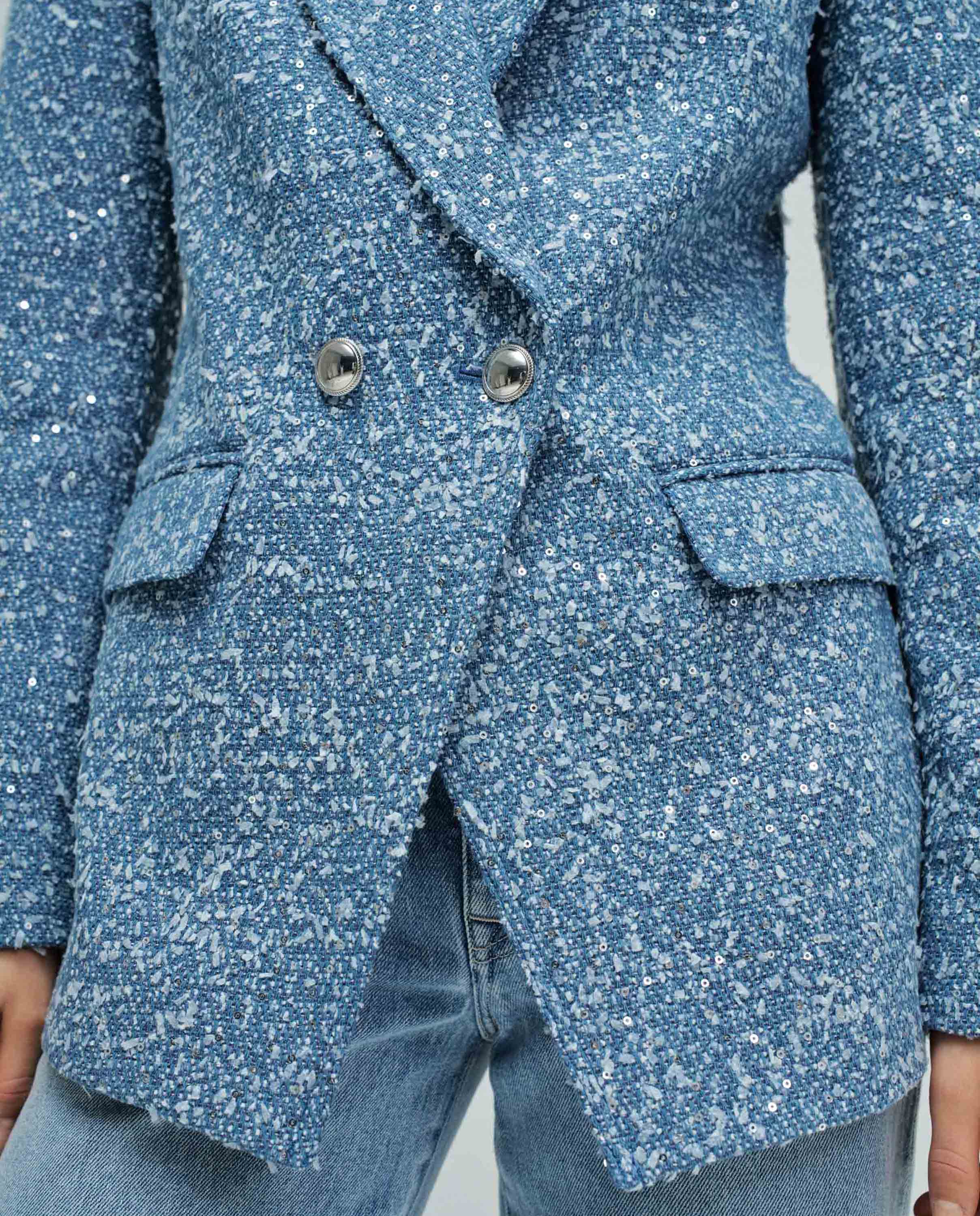 Blazer em Denim com Jacquard e Lantejoulas Azul-4