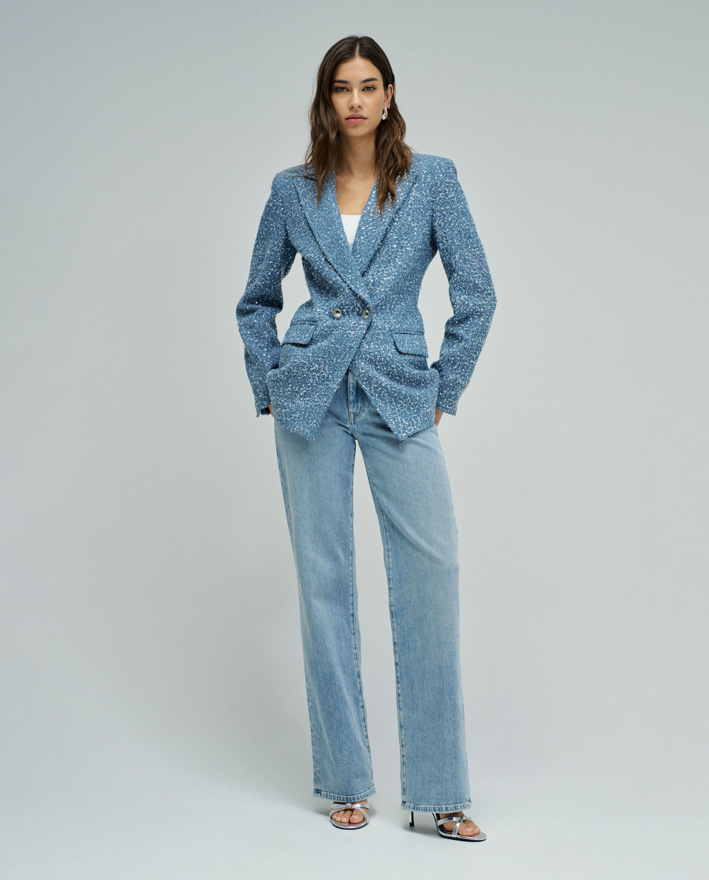 Blazer em Denim com Jacquard e Lantejoulas Azul-5