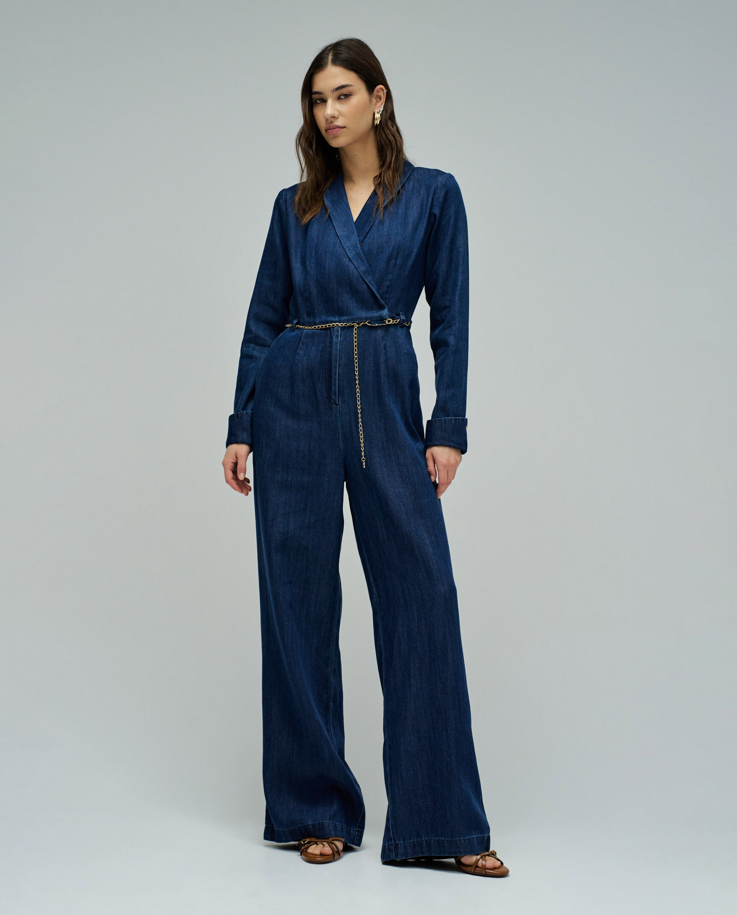 Macacão em Light Denim com Perna Wide Azul-escuro-5