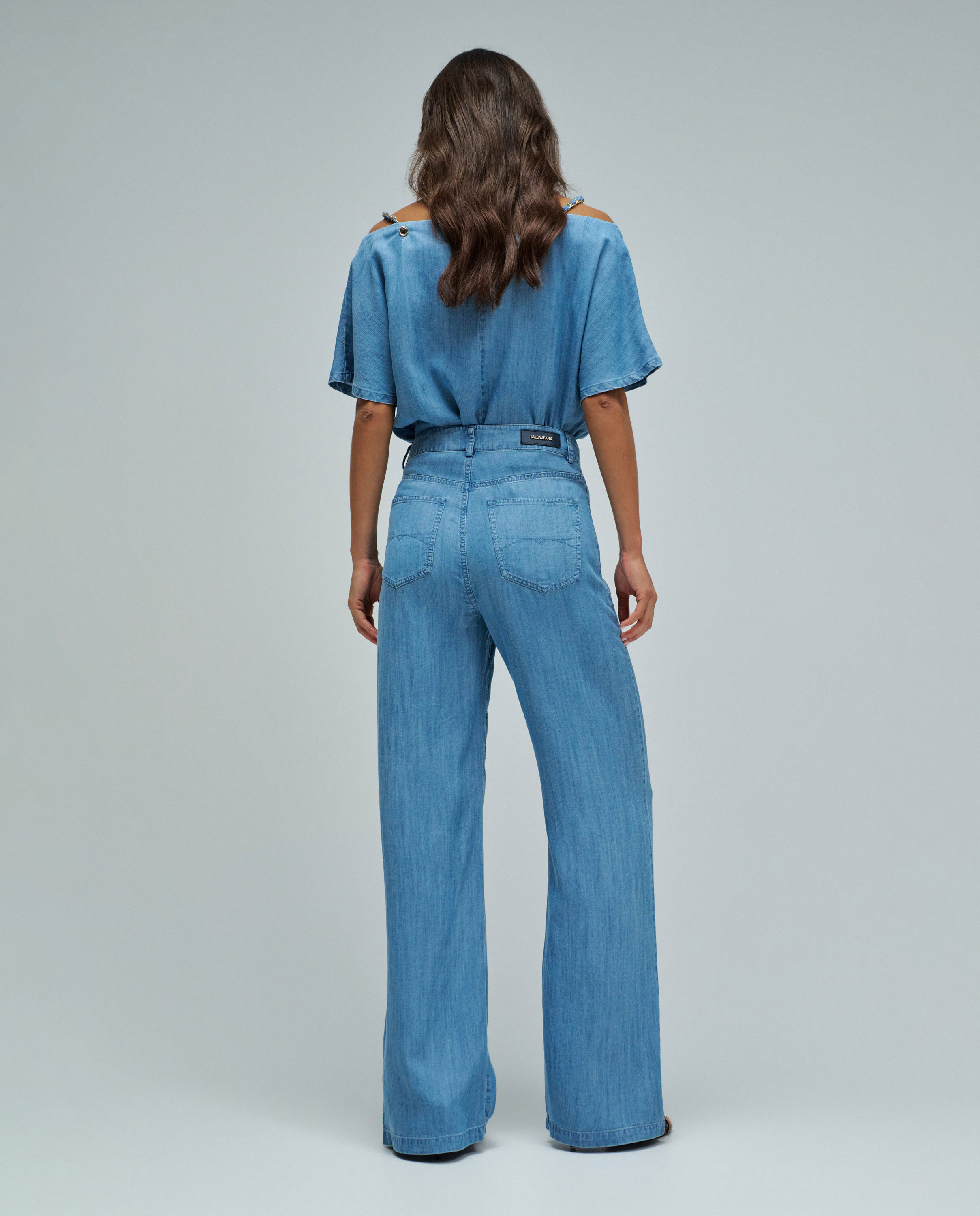 Calças em Light Denim Wide Leg Azul-3