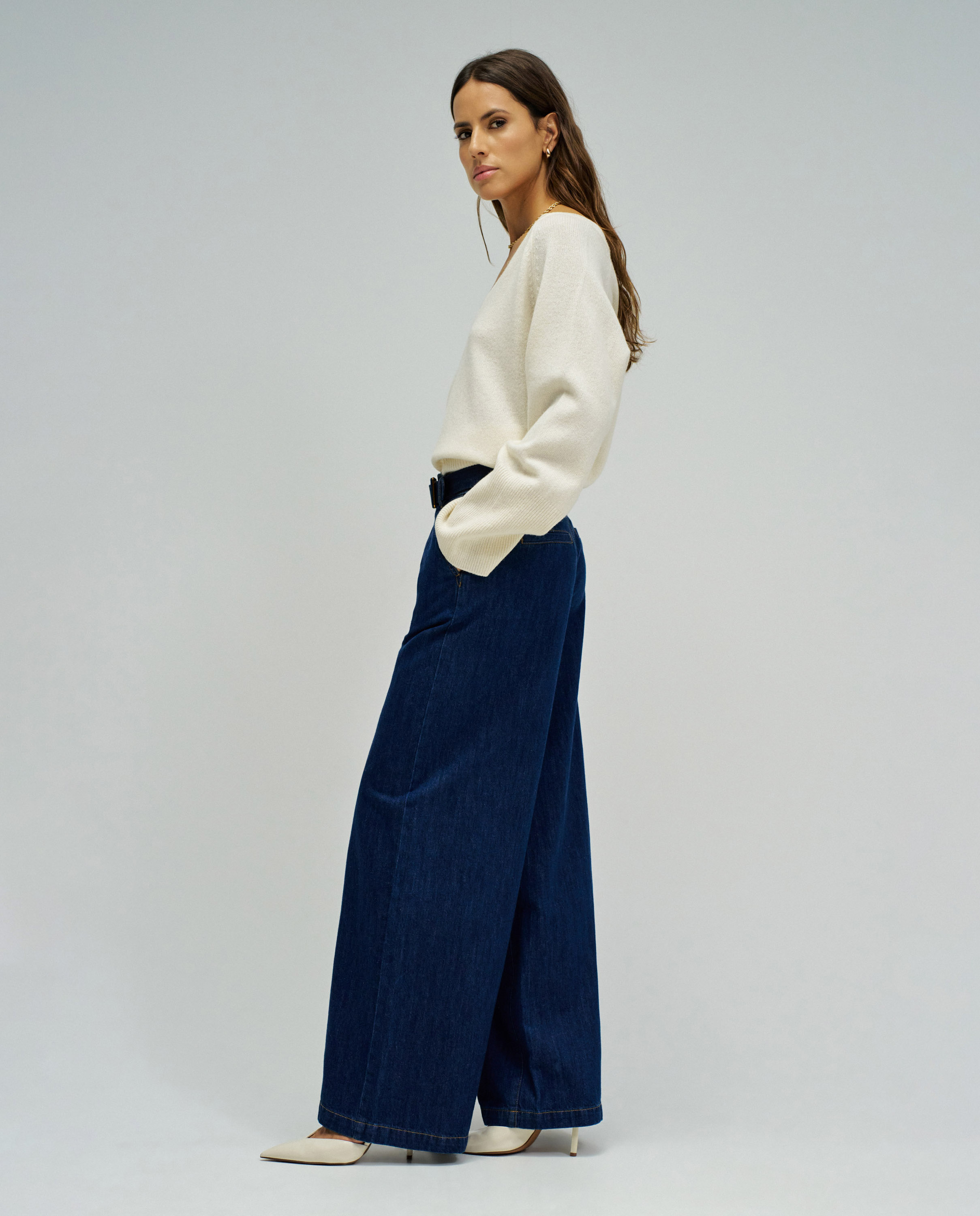 Calças Largas com Perna Wide Azul denim-2