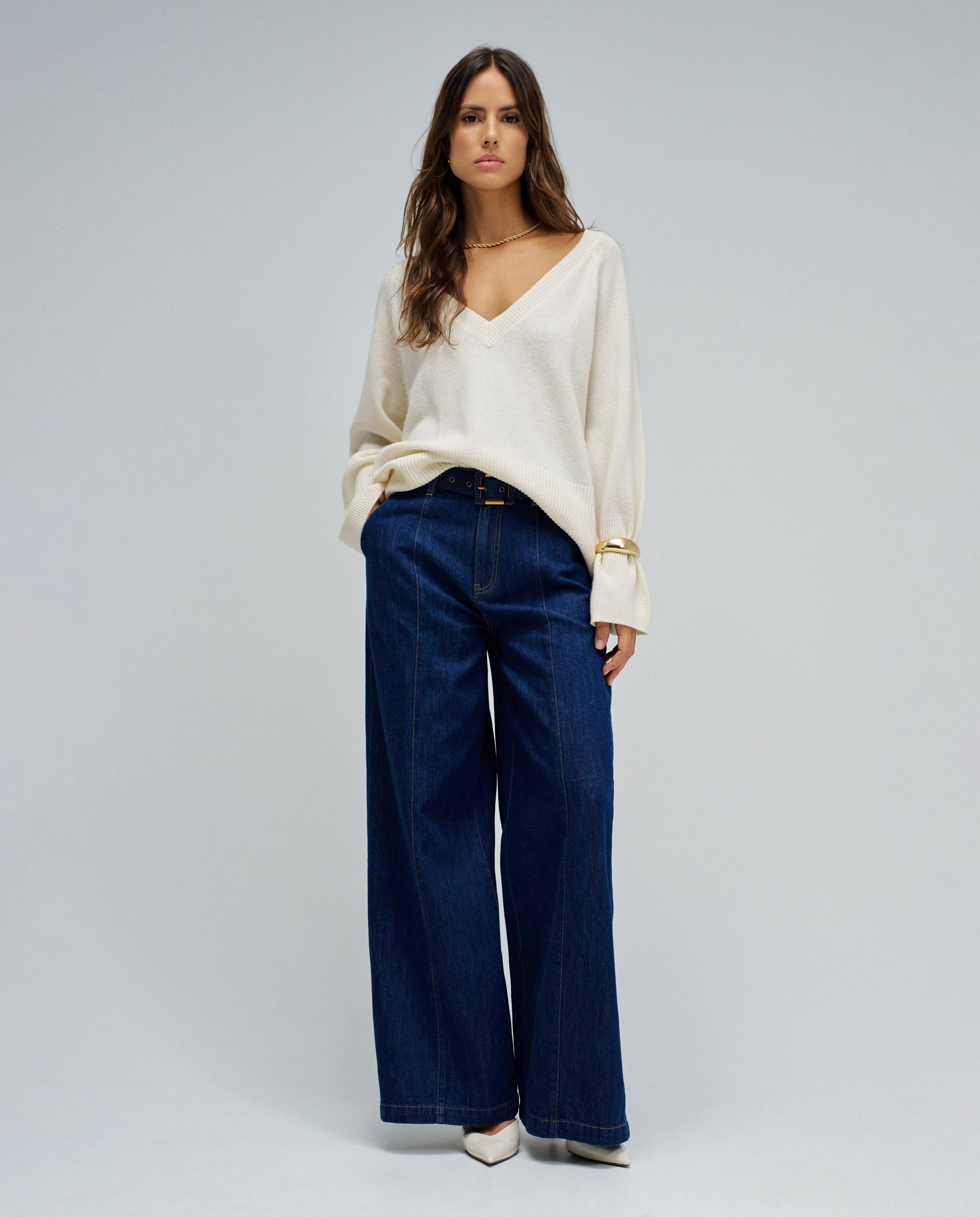 Calças Largas com Perna Wide Azul denim-5
