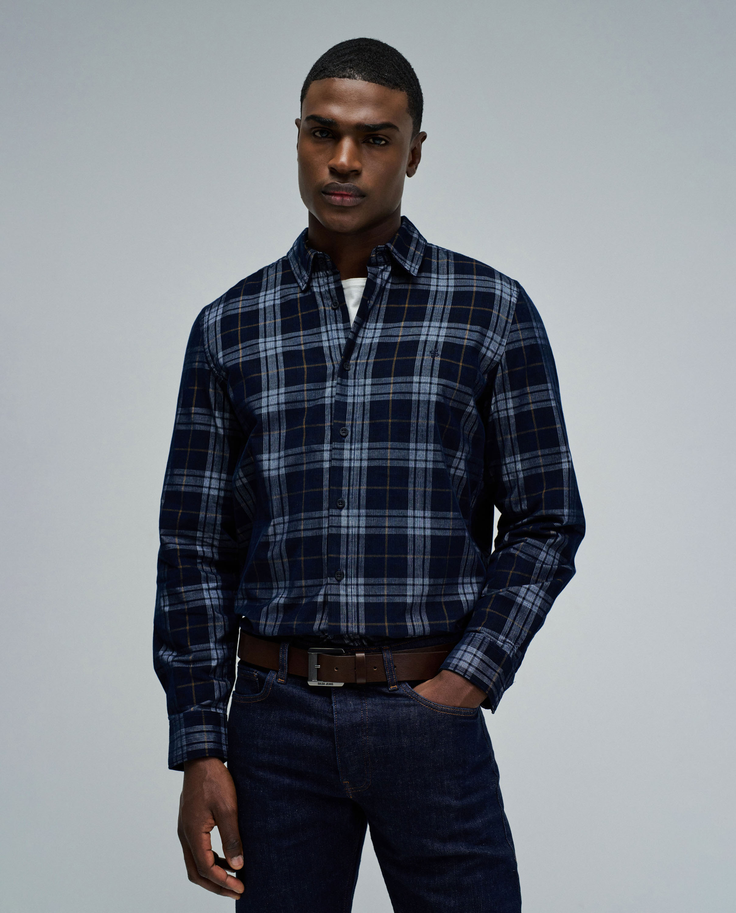 Camisa de Bombazina Azul / Cinzento-1
