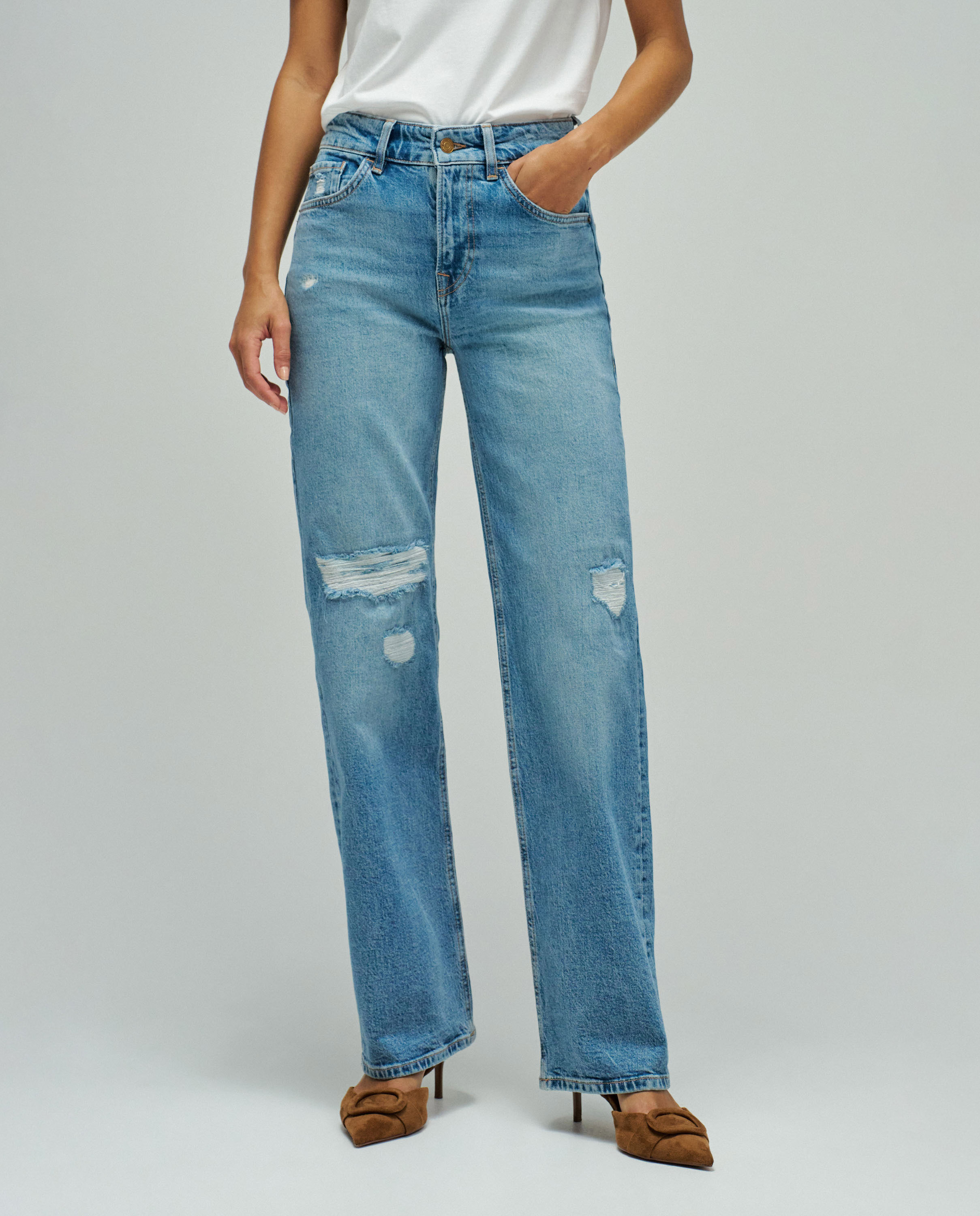 Jeans True Straight com Corte a Direito Azul denim-5