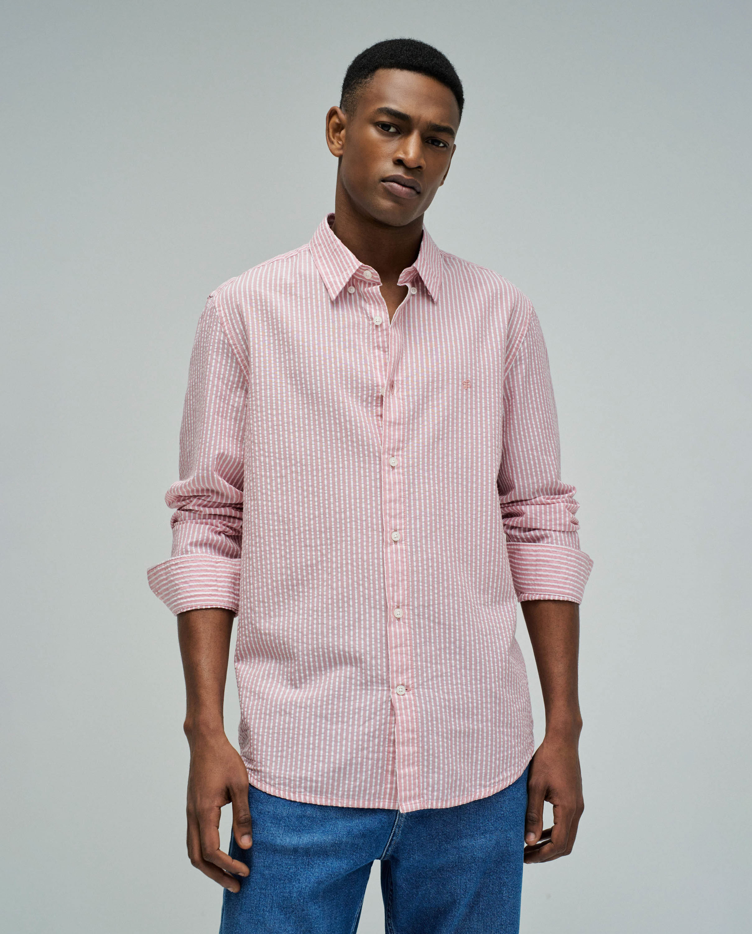 Camisa Às Riscas em Algodão Rosa-1