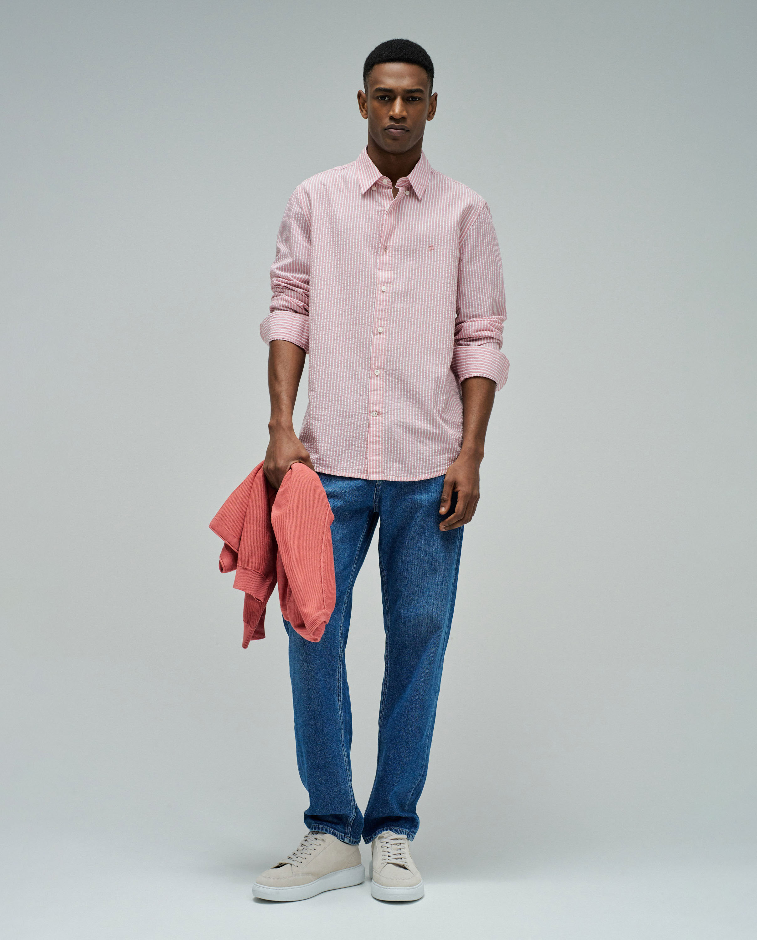 Camisa Às Riscas em Algodão Rosa-5