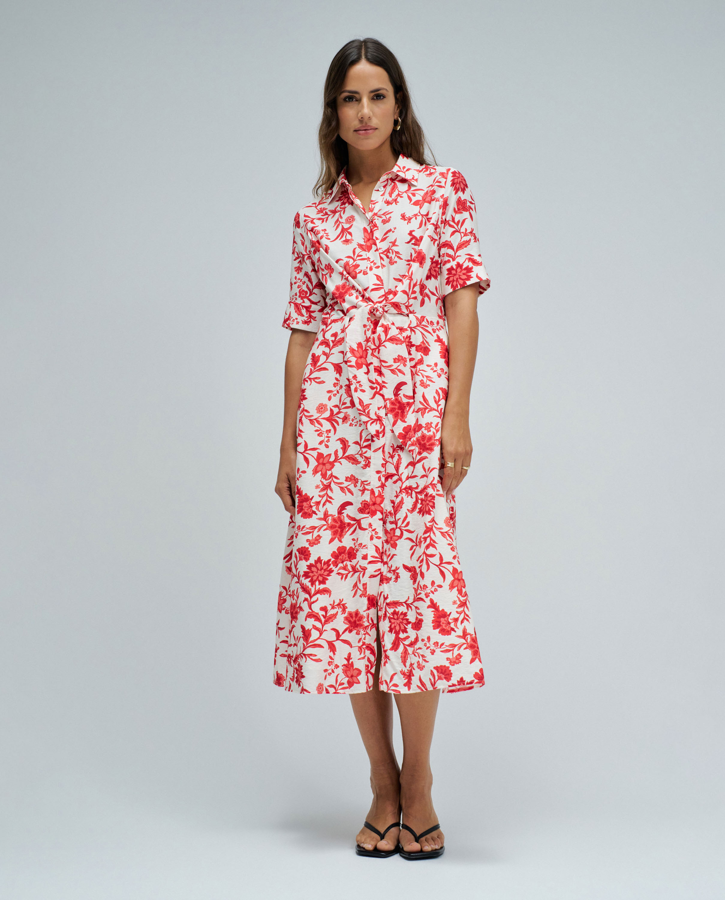 Vestido Tipo Camisa com Estampado Floral Vermelho-1