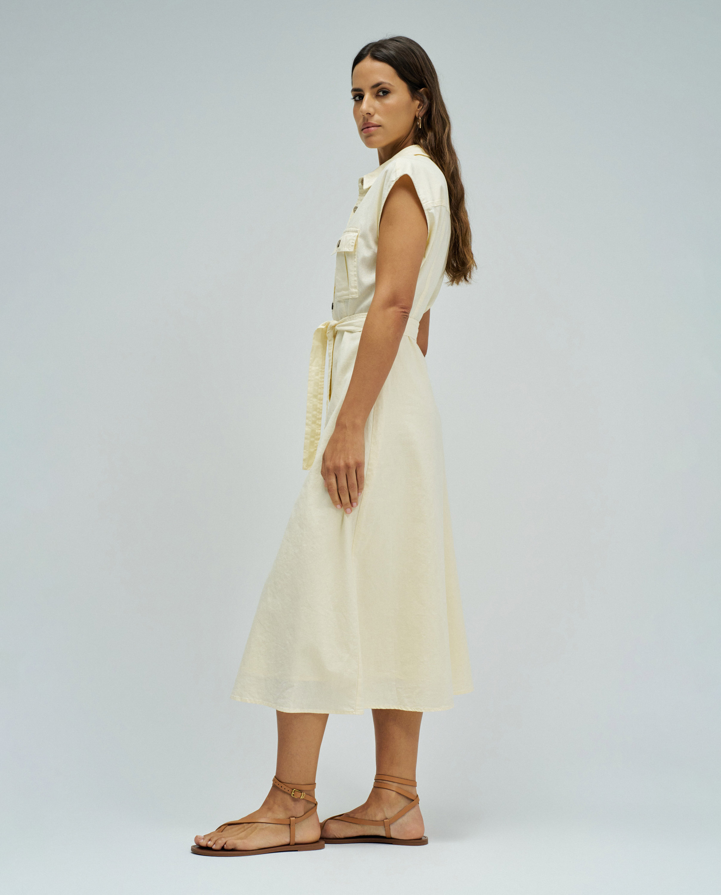 Vestido Midi com Linho Amarelo-2