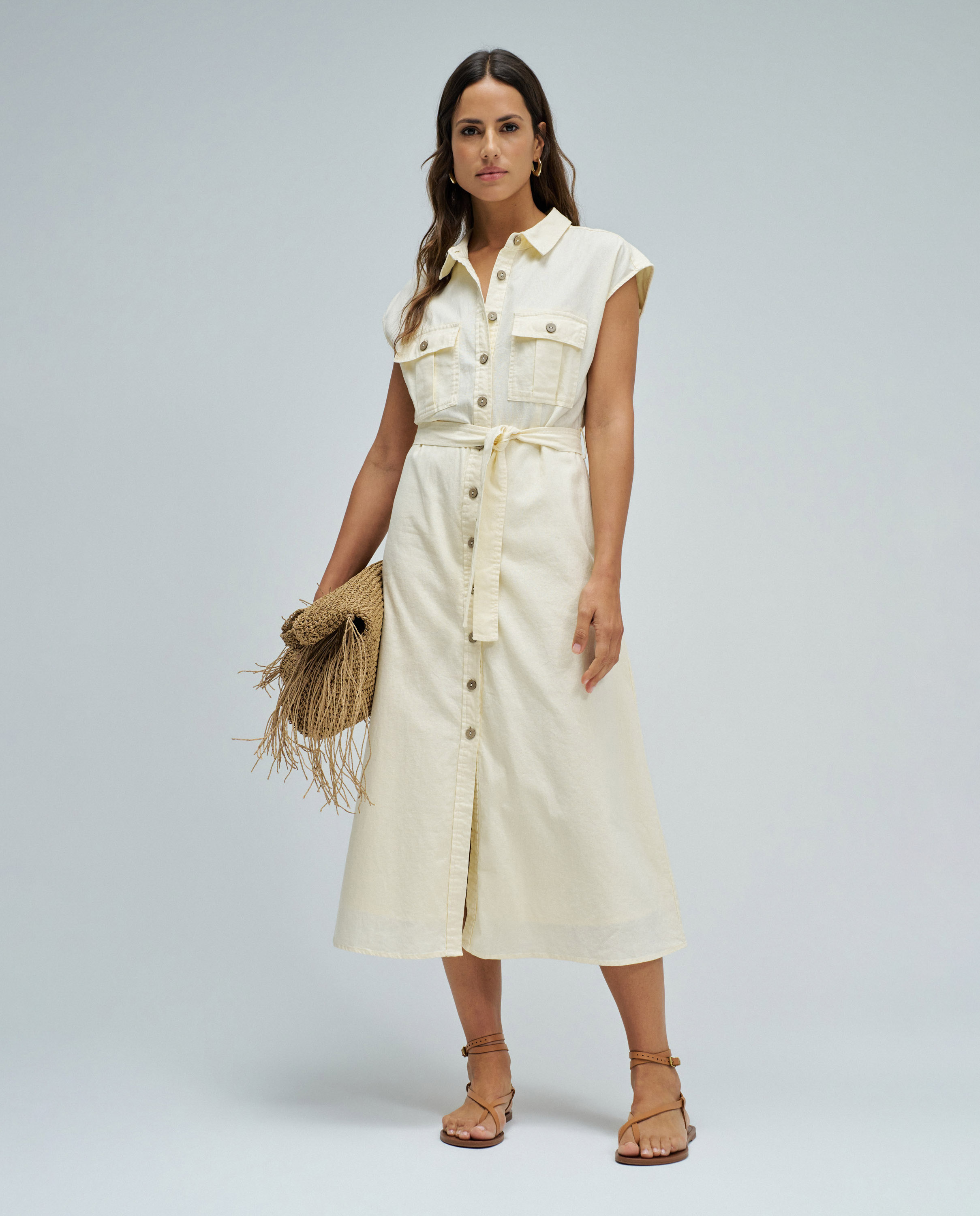 Vestido Midi com Linho Amarelo-5