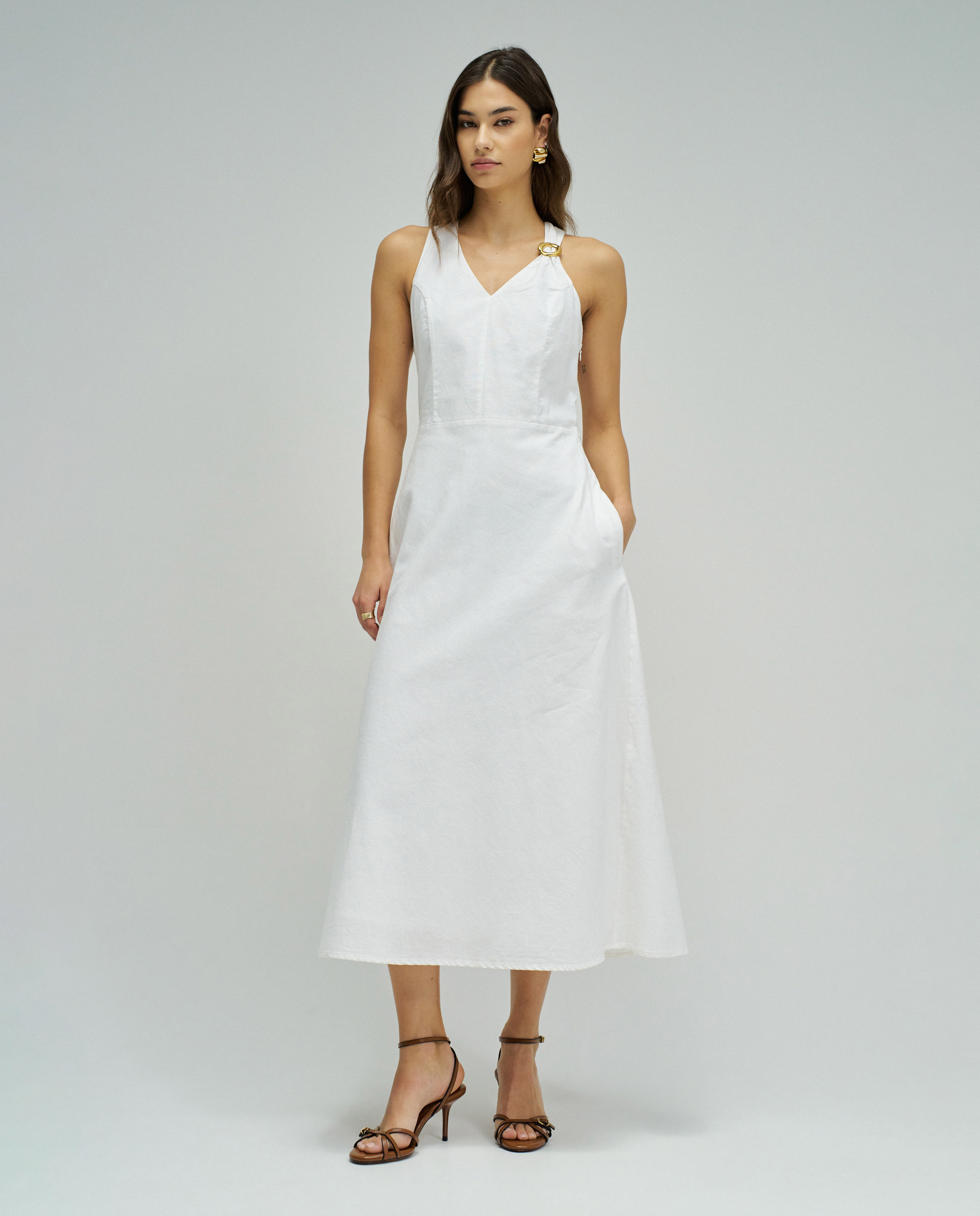 Vestido Midi com Linho Branco-5