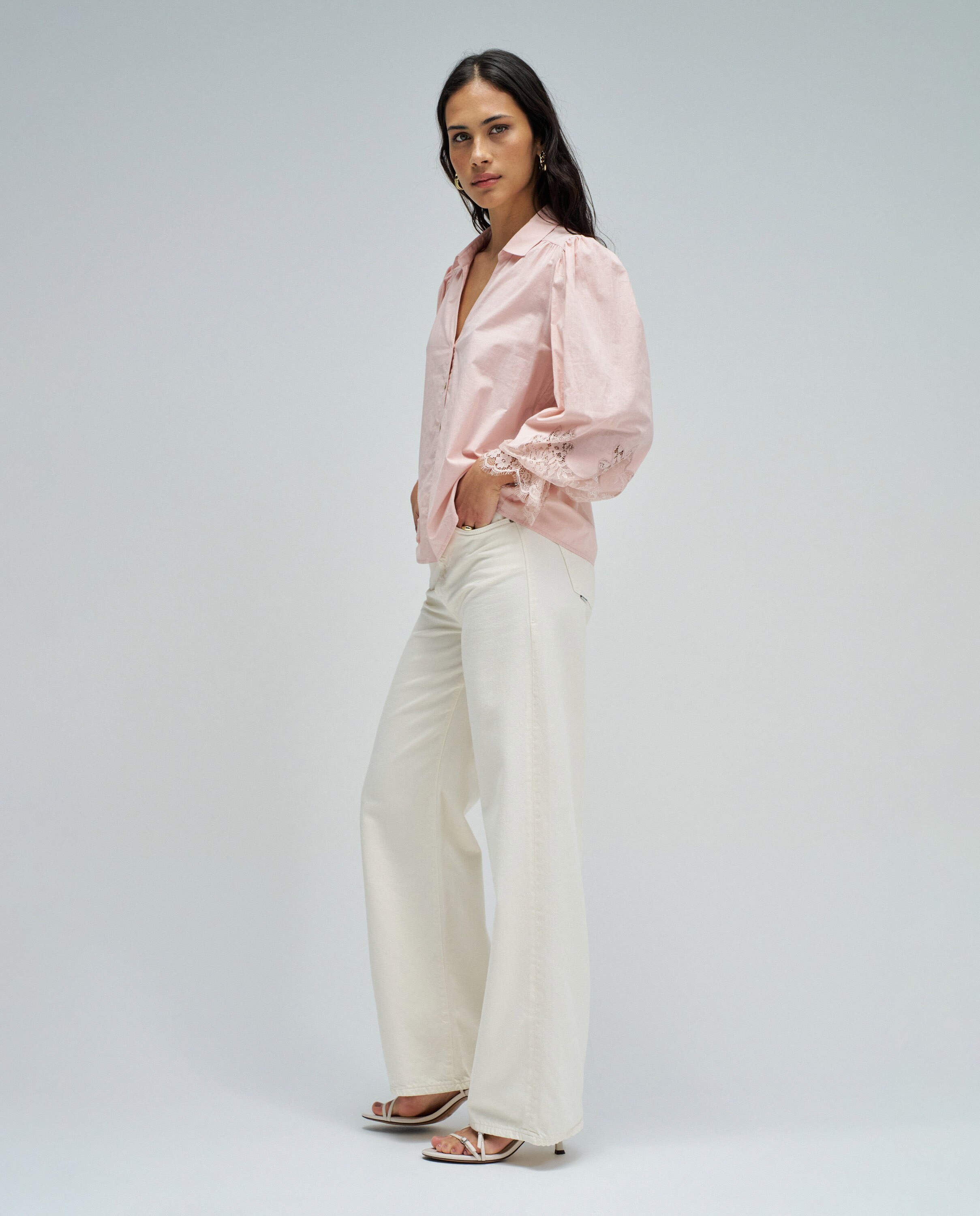 Camisa com Renda de Manga Comprida Abalonada Rosa-claro-2
