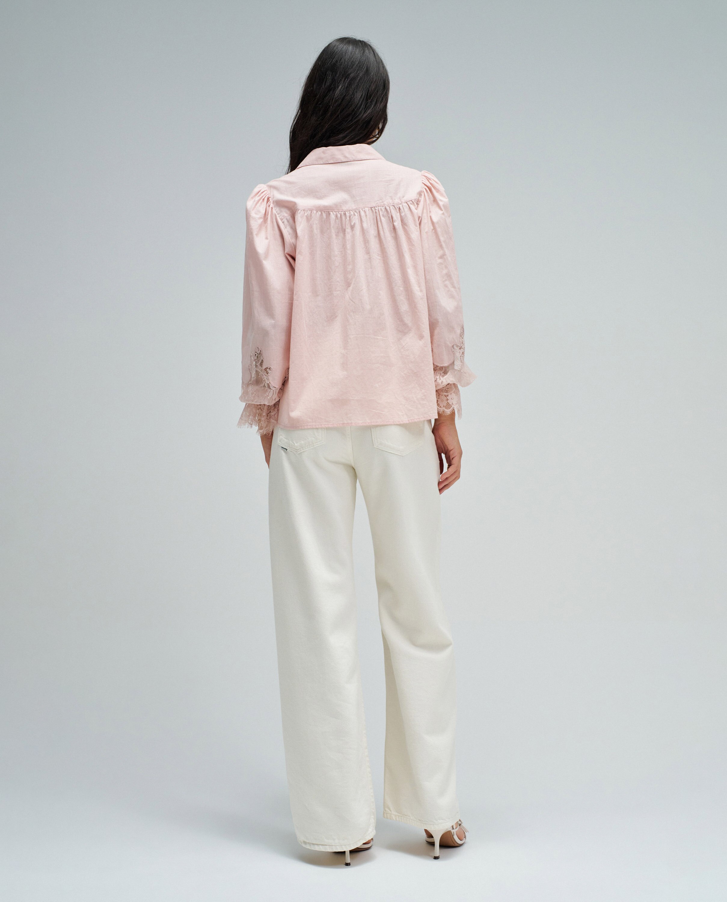 Camisa com Renda de Manga Comprida Abalonada Rosa-claro-3
