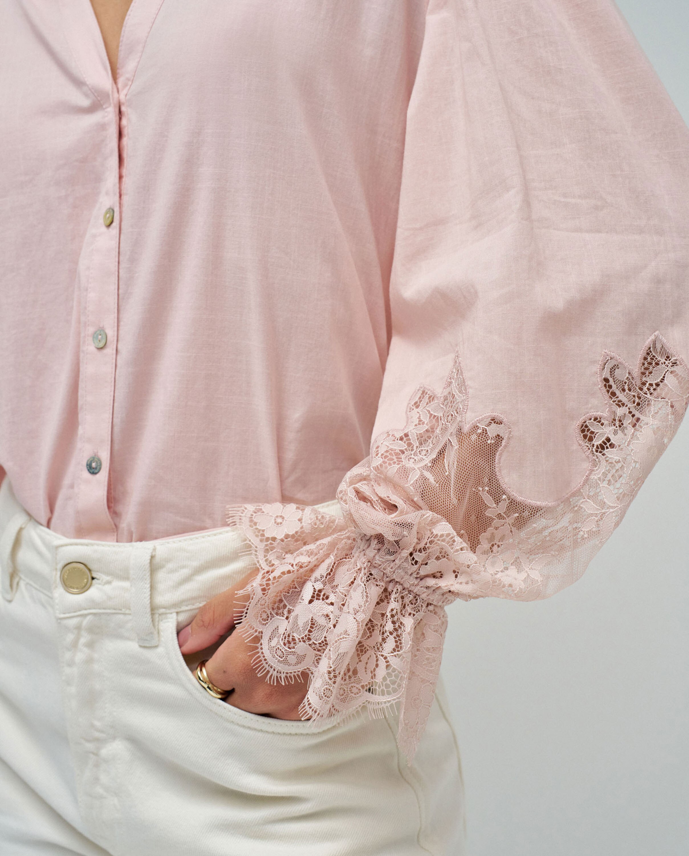 Camisa com Renda de Manga Comprida Abalonada Rosa-claro-4