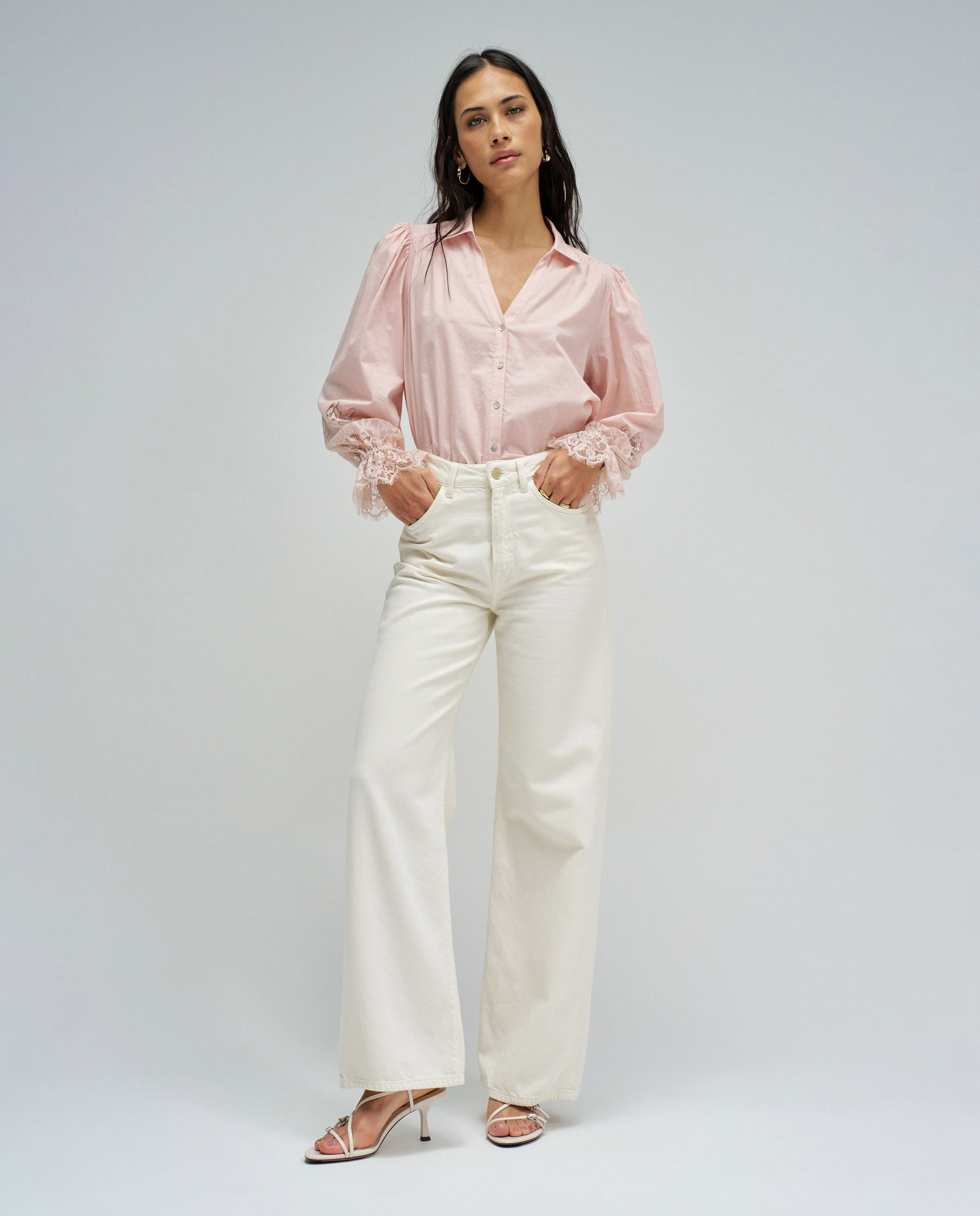 Camisa com Renda de Manga Comprida Abalonada Rosa-claro-5