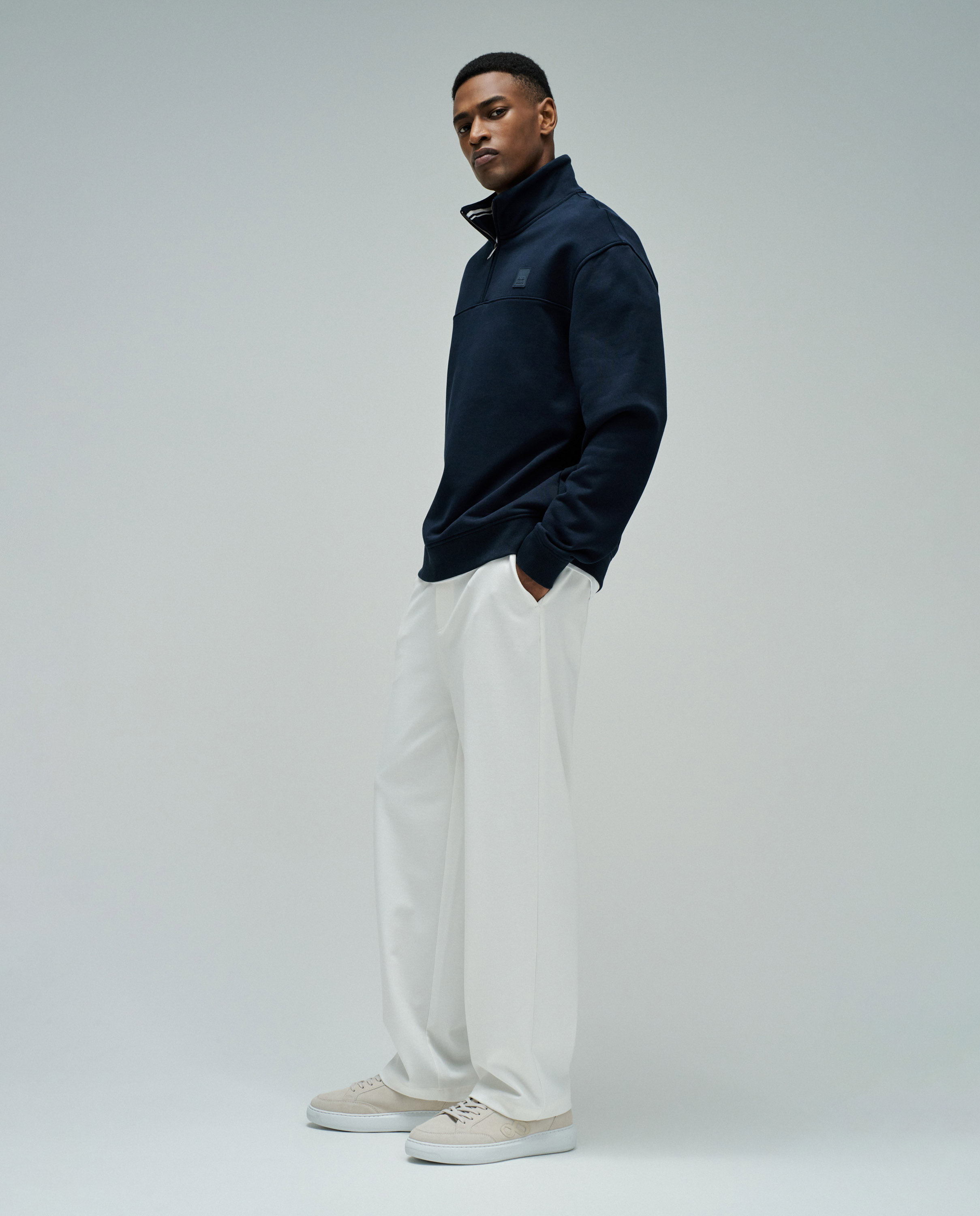 Sweatshirt sem Capuz com Meio Fecho Azul-escuro-2