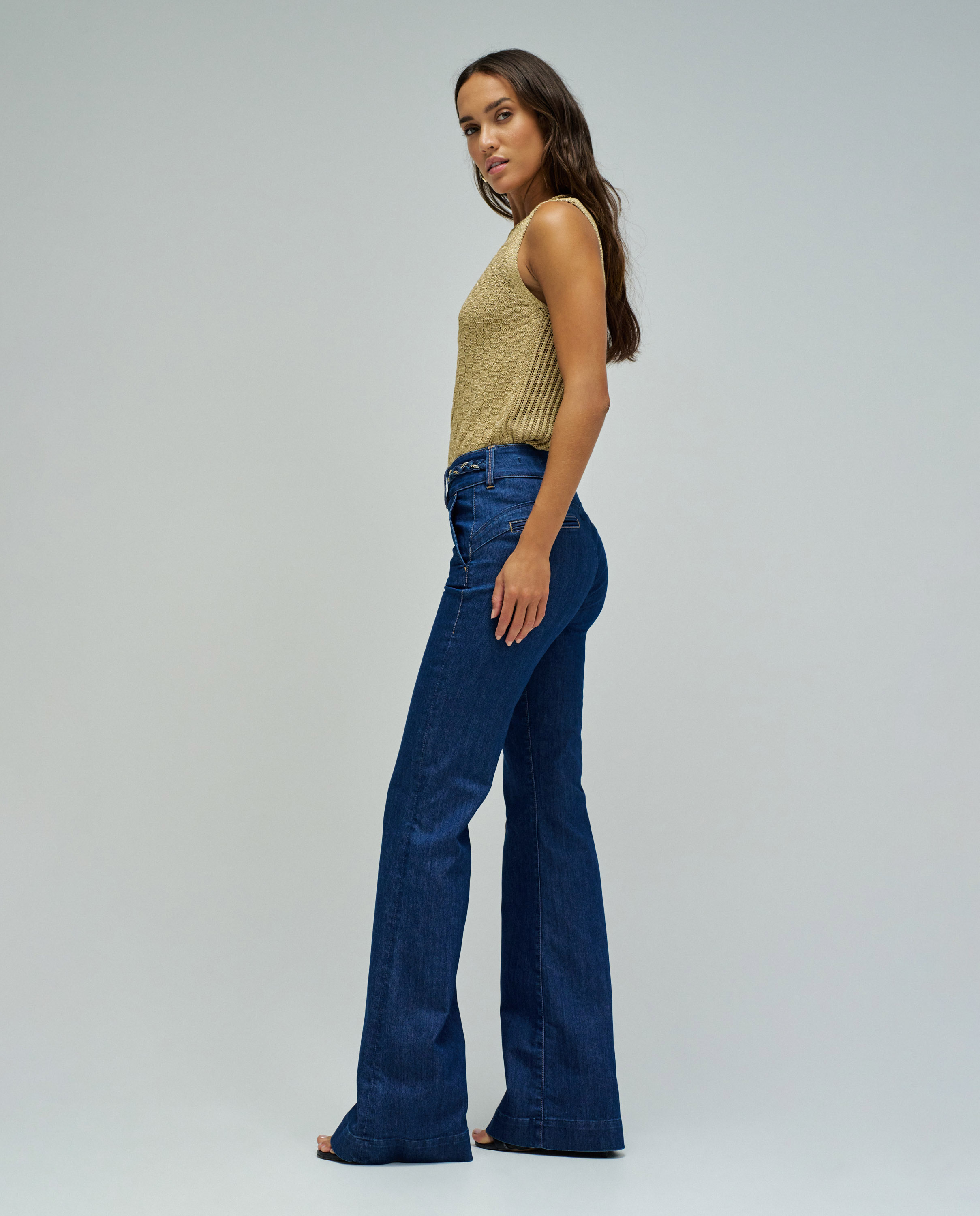 Jeans À Boca de Sino Calças Chino Push In Flare Azul denim-2
