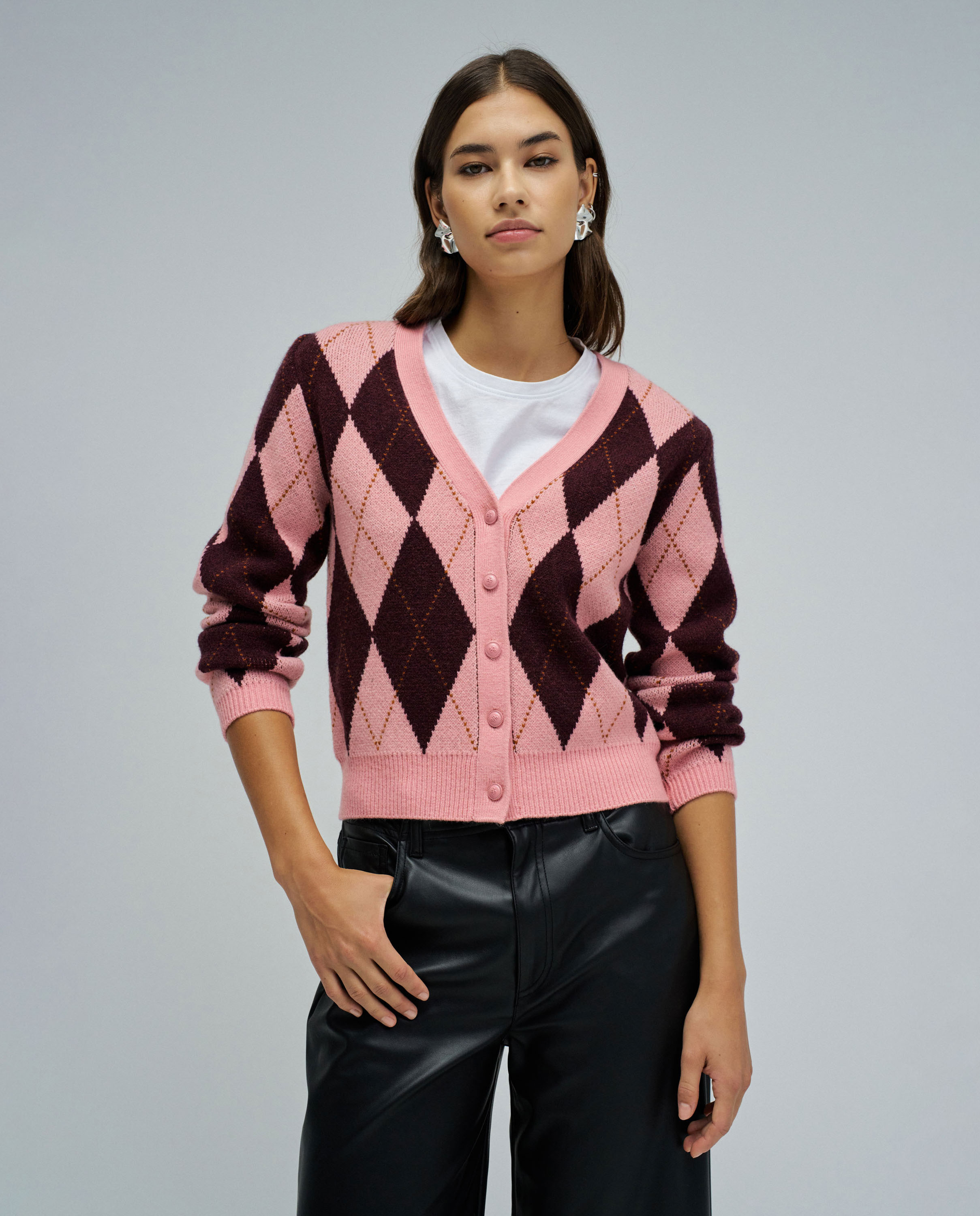 Cárdigan com Estampado Geométrico Rosa-1