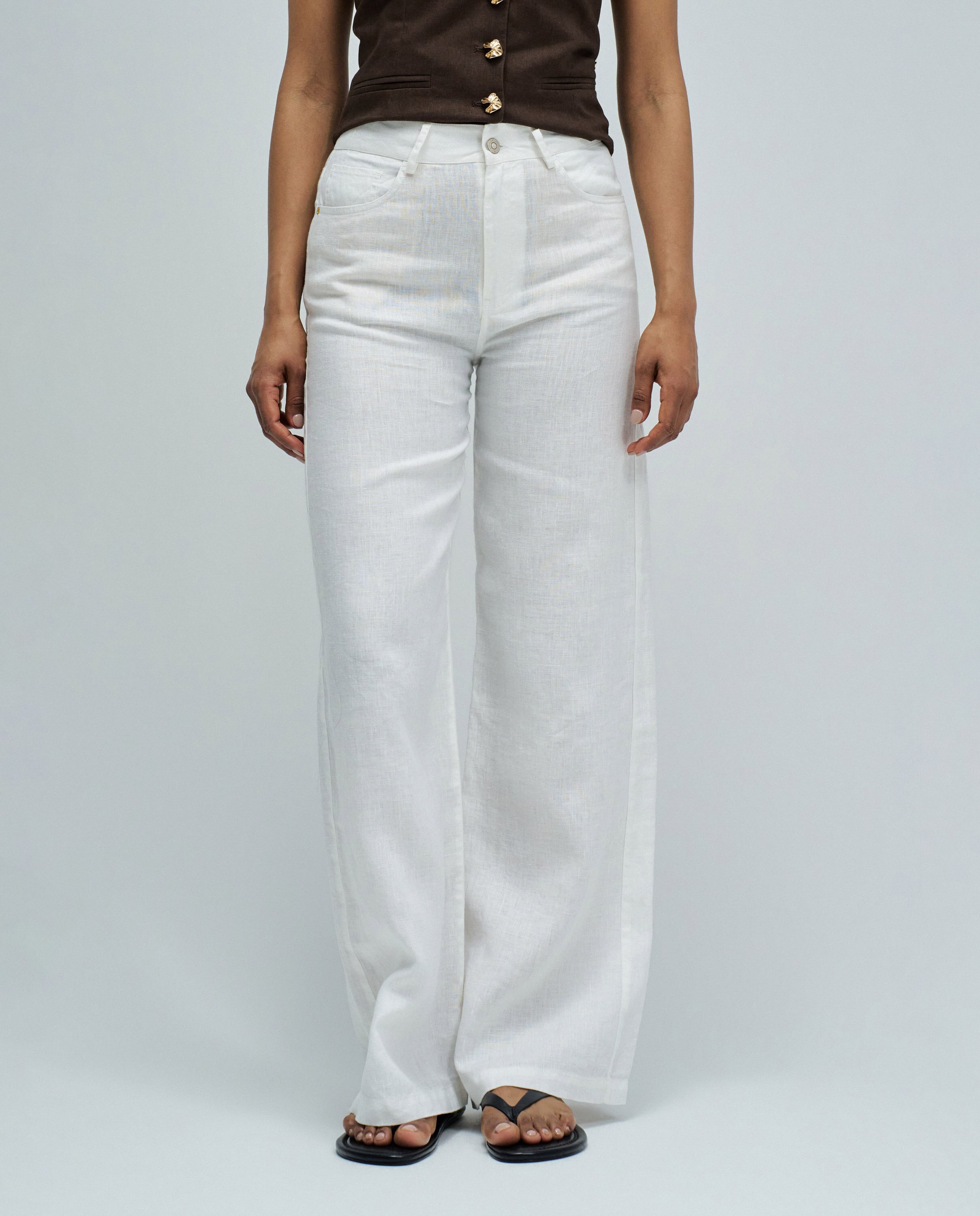 Calças de Linho Wide Leg Branco-5