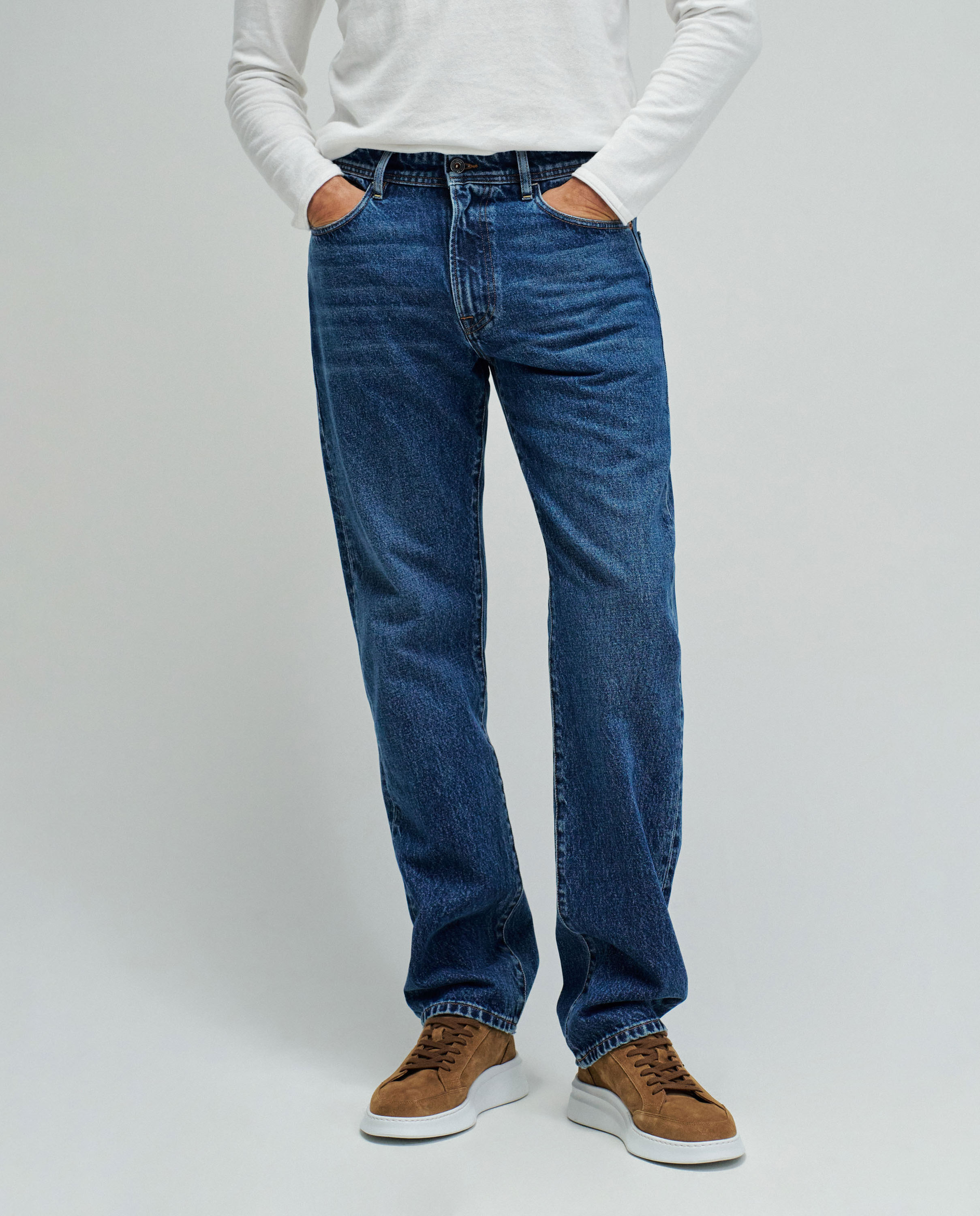 Jeans Straight com Corte a Direito Azul-5