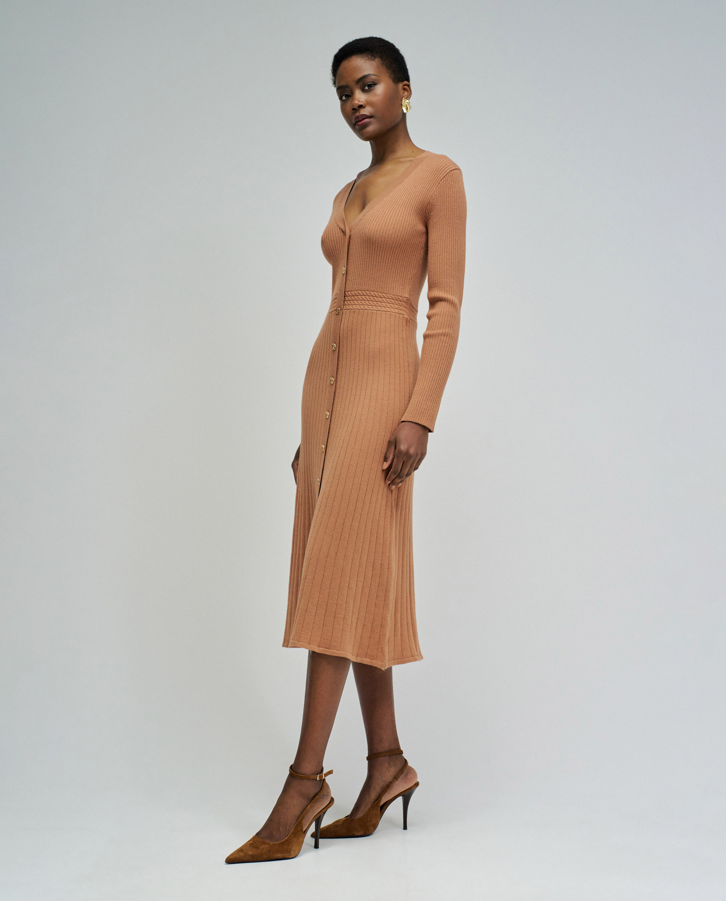 Vestido Midi de Malha Canelada Camel-2
