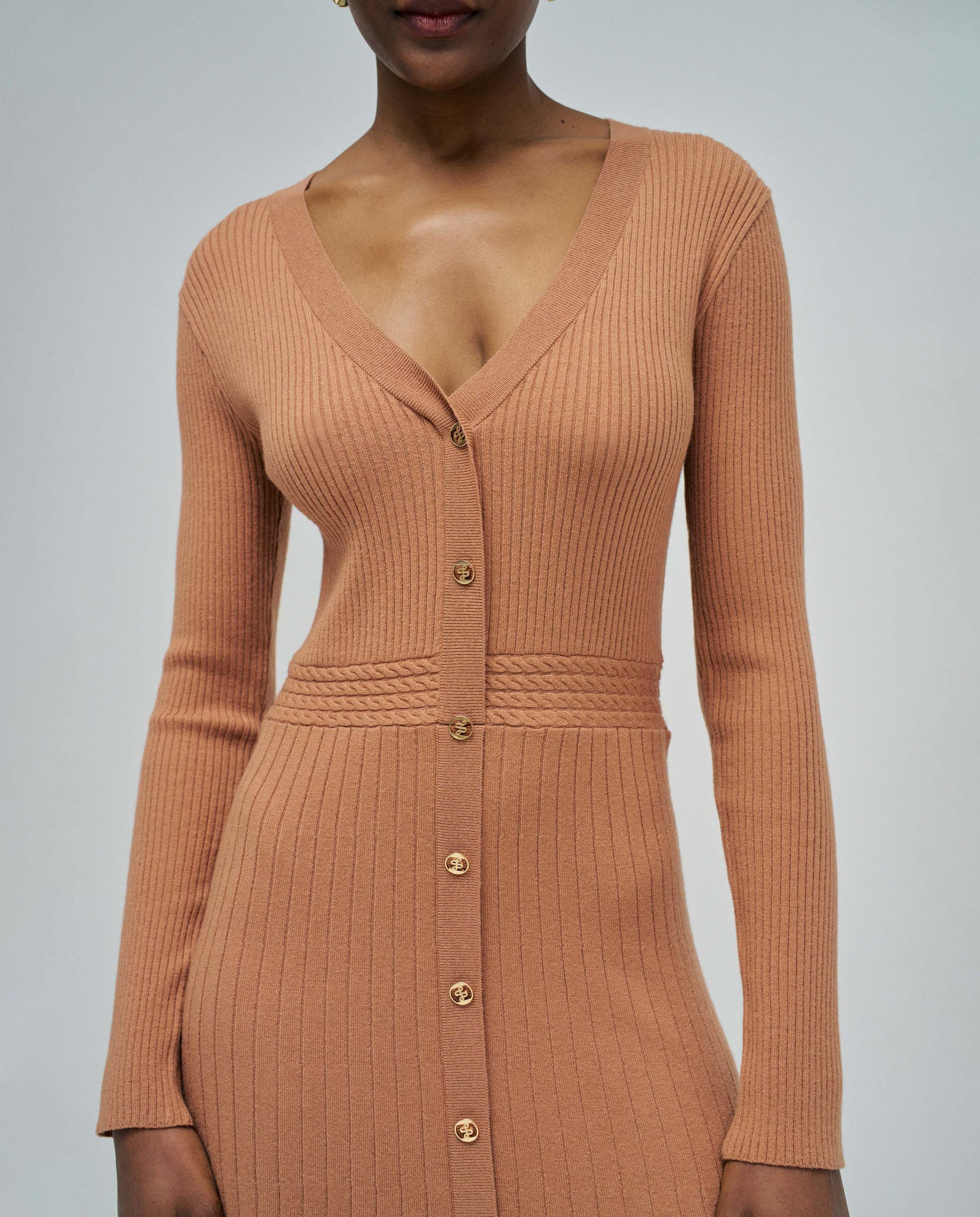 Vestido Midi de Malha Canelada Camel-4