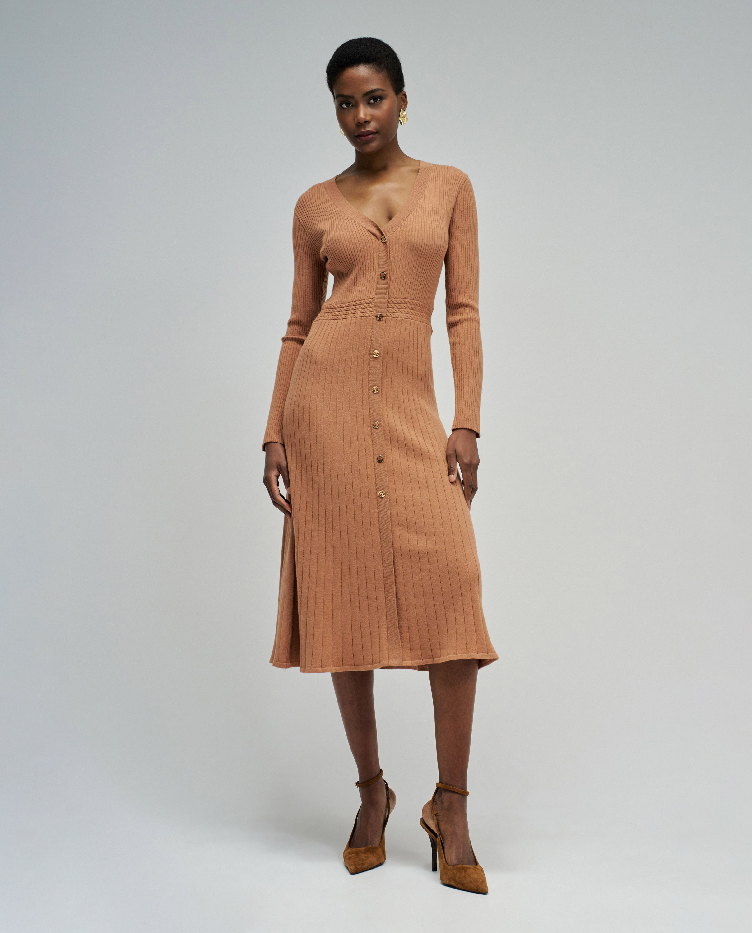 Vestido Midi de Malha Canelada Camel-5