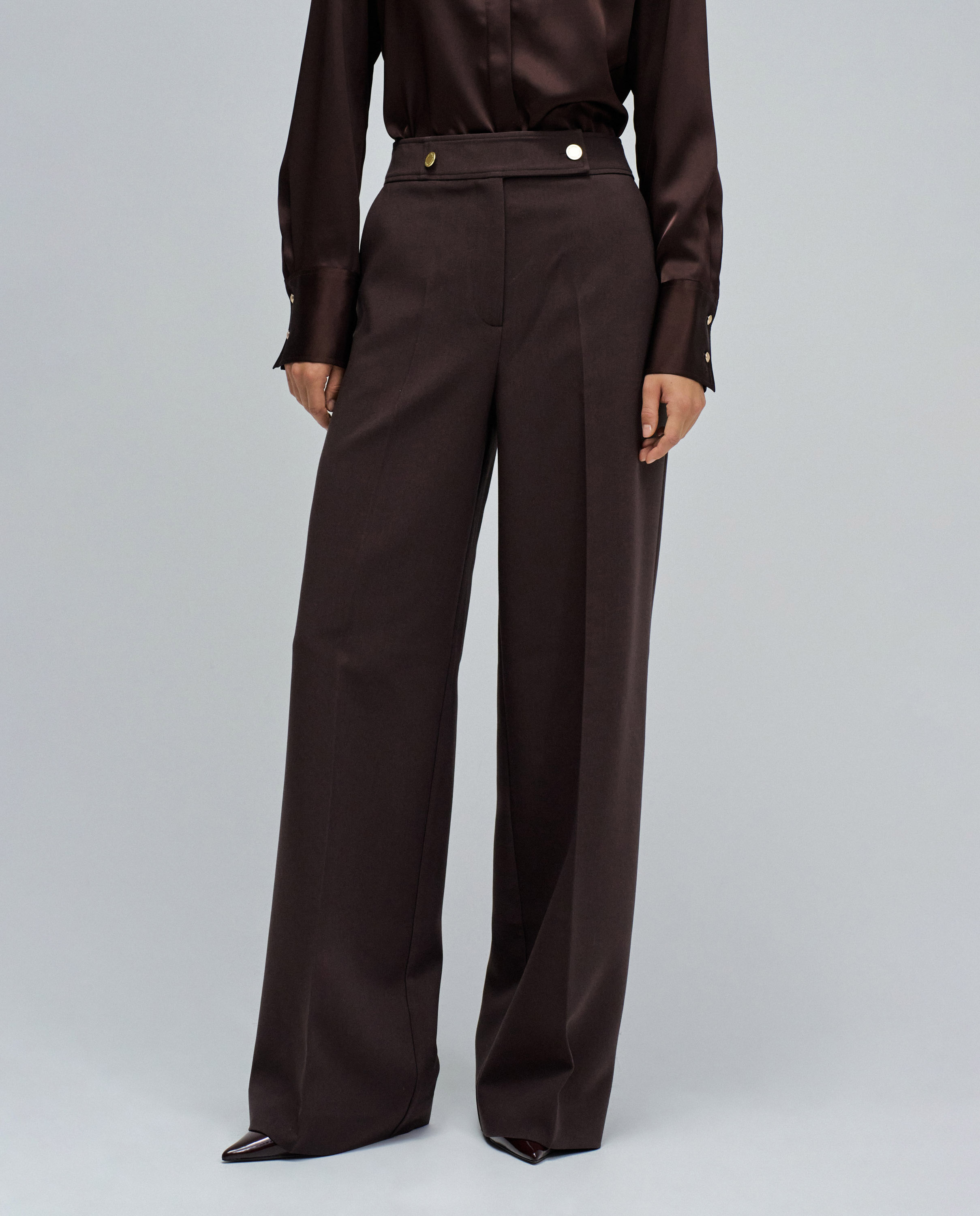 Calças de Tecido com Perna Wide Castanho-escuro-1