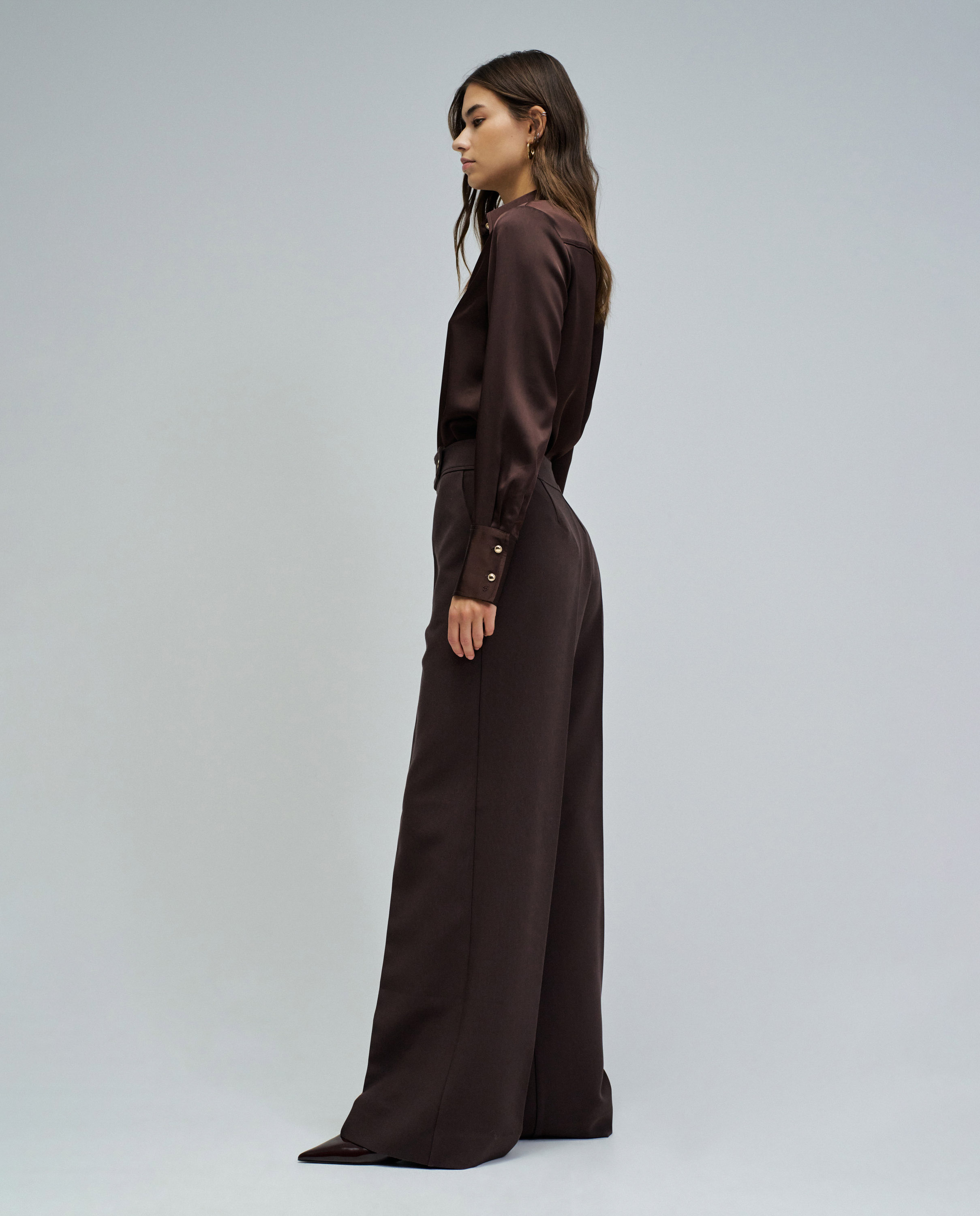 Calças de Tecido com Perna Wide Castanho-escuro-2