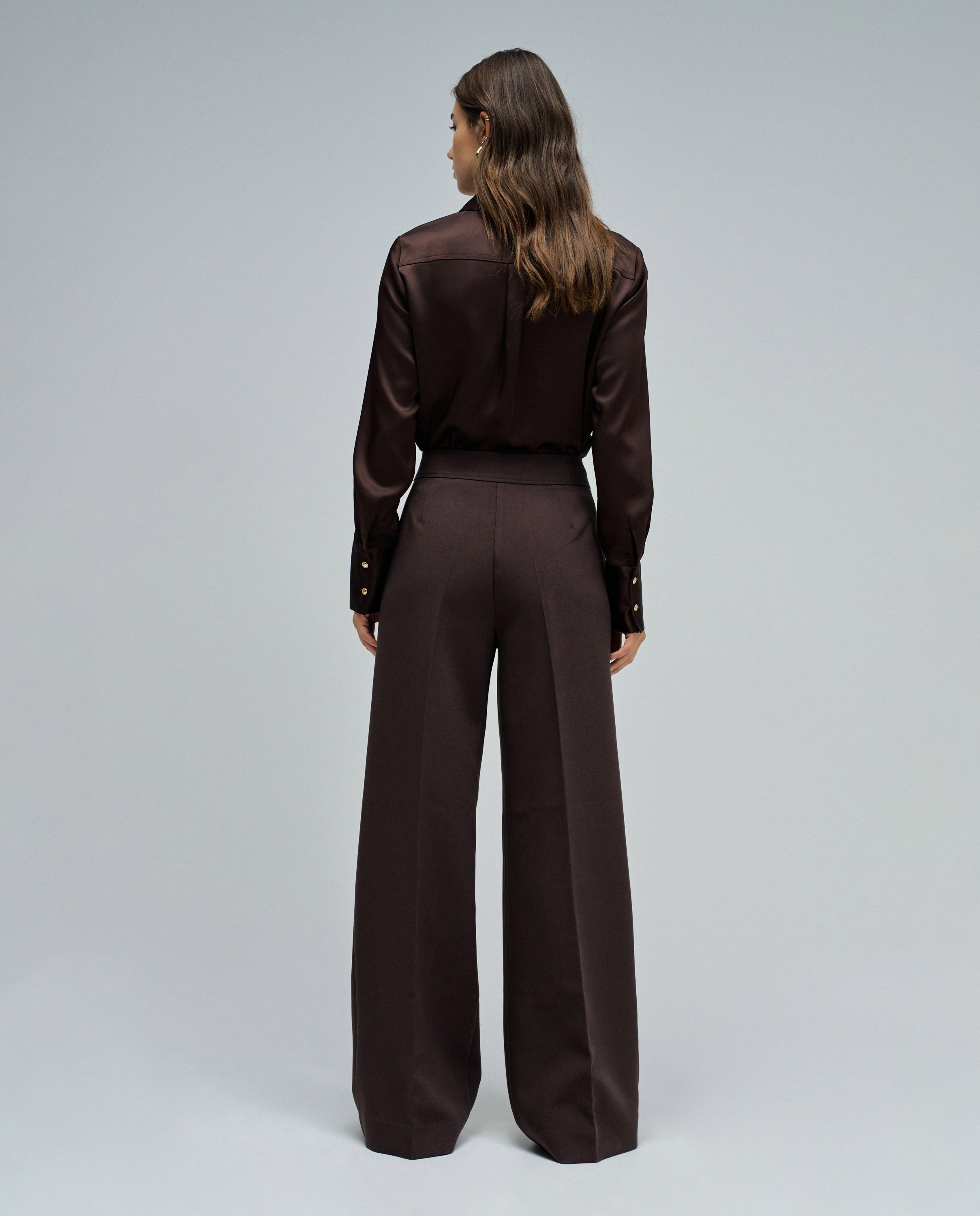 Calças de Tecido com Perna Wide Castanho-escuro-3