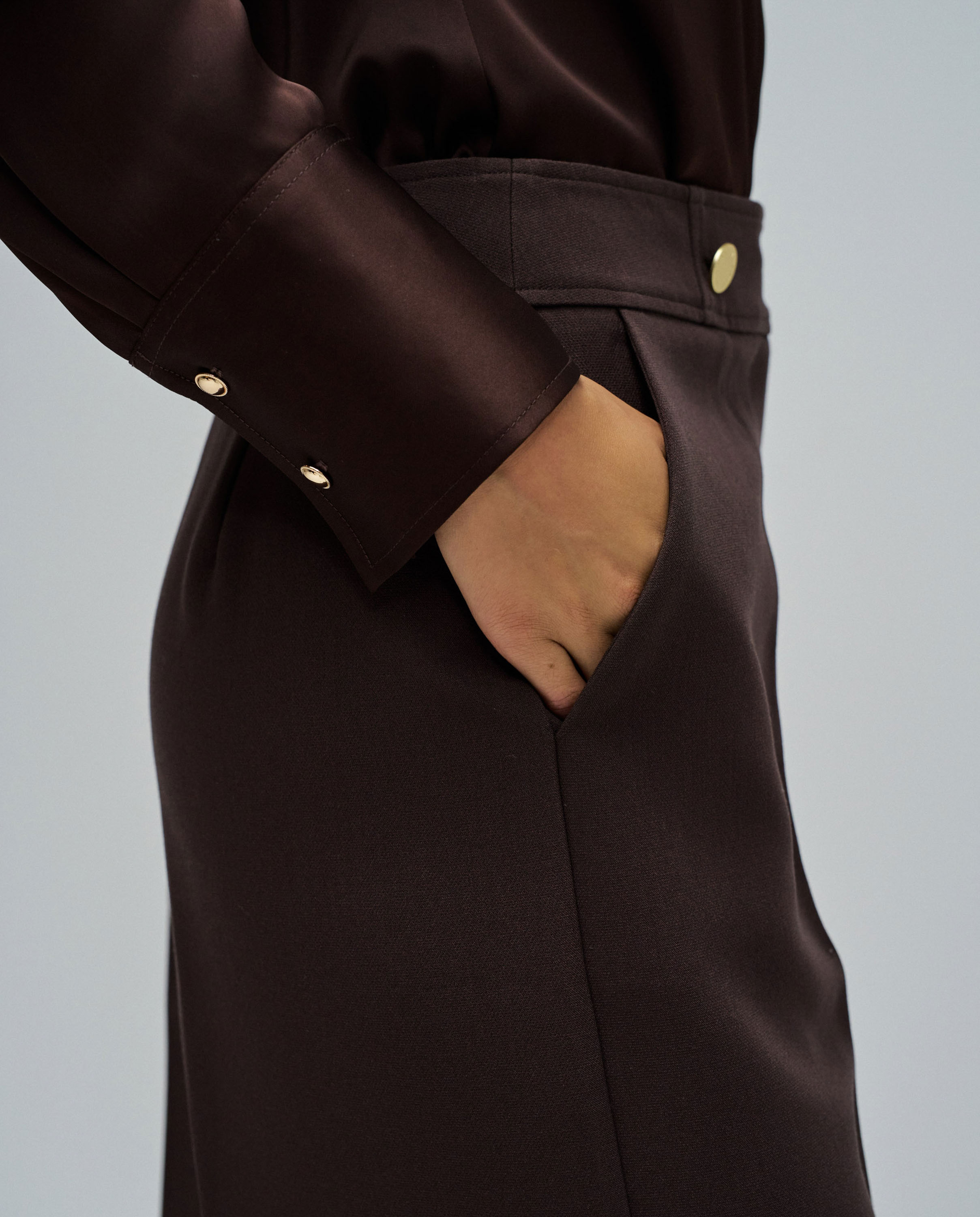 Calças de Tecido com Perna Wide Castanho-escuro-4