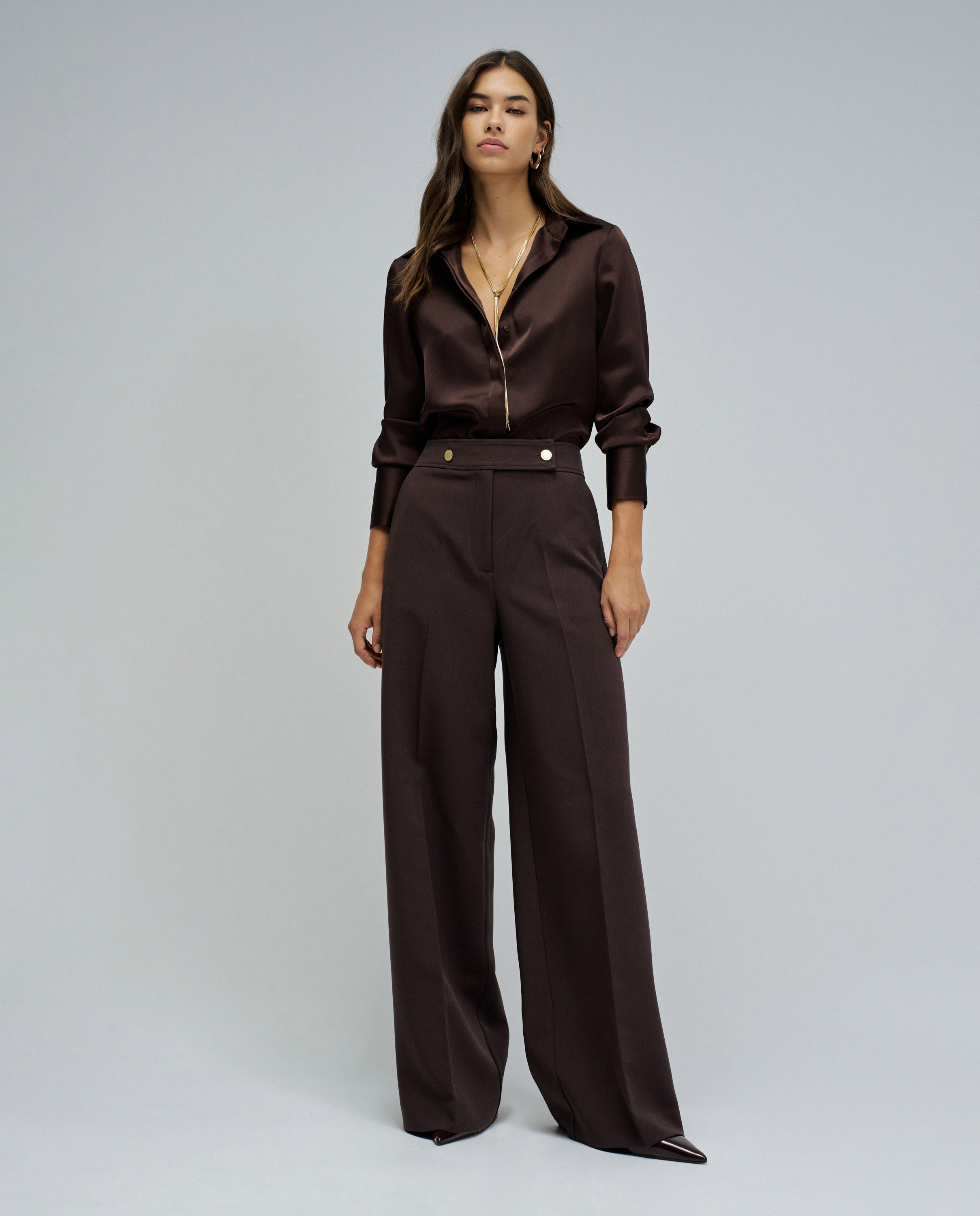 Calças de Tecido com Perna Wide Castanho-escuro-5