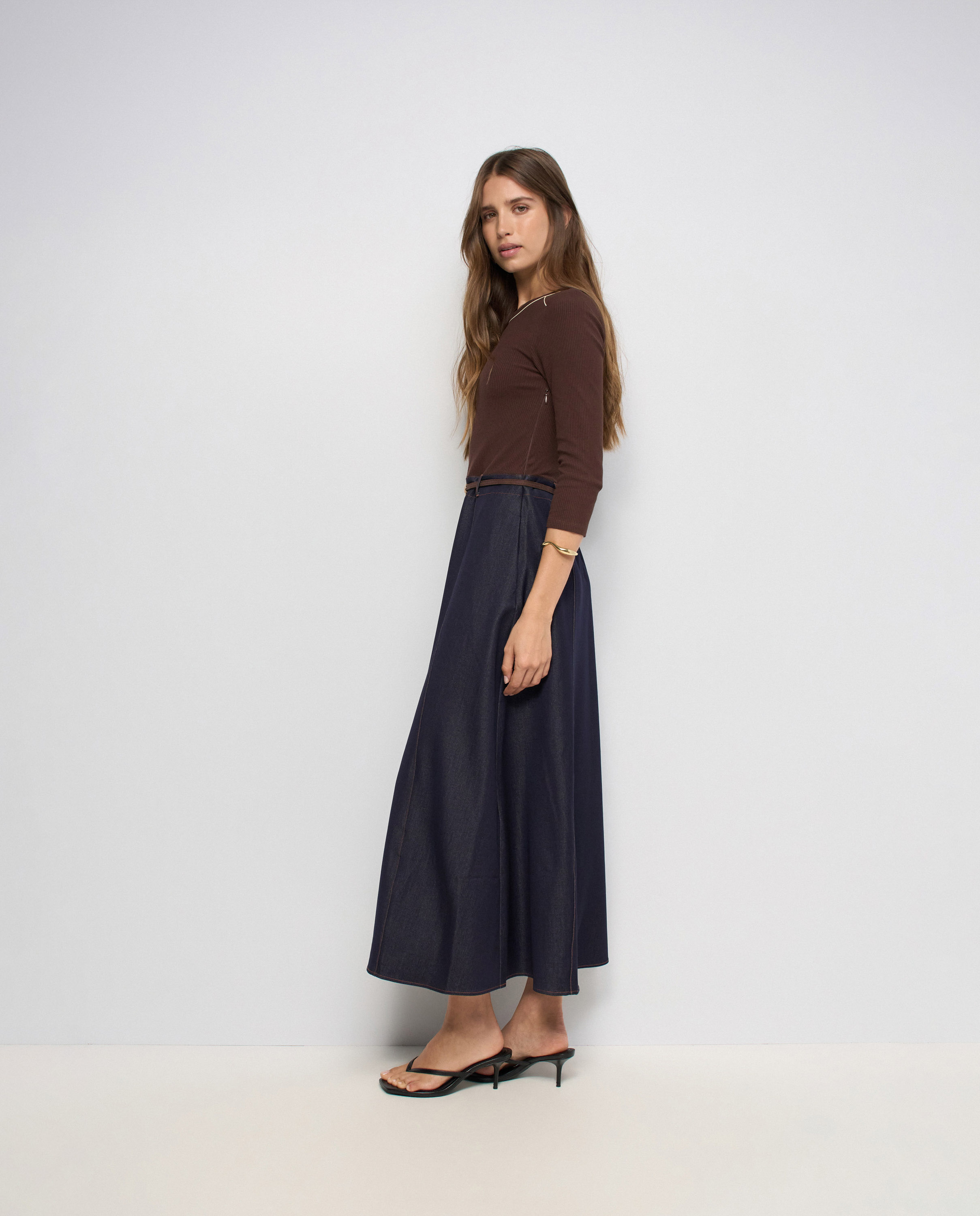 Vestido Midi com Mistura de Materiais Azul-2