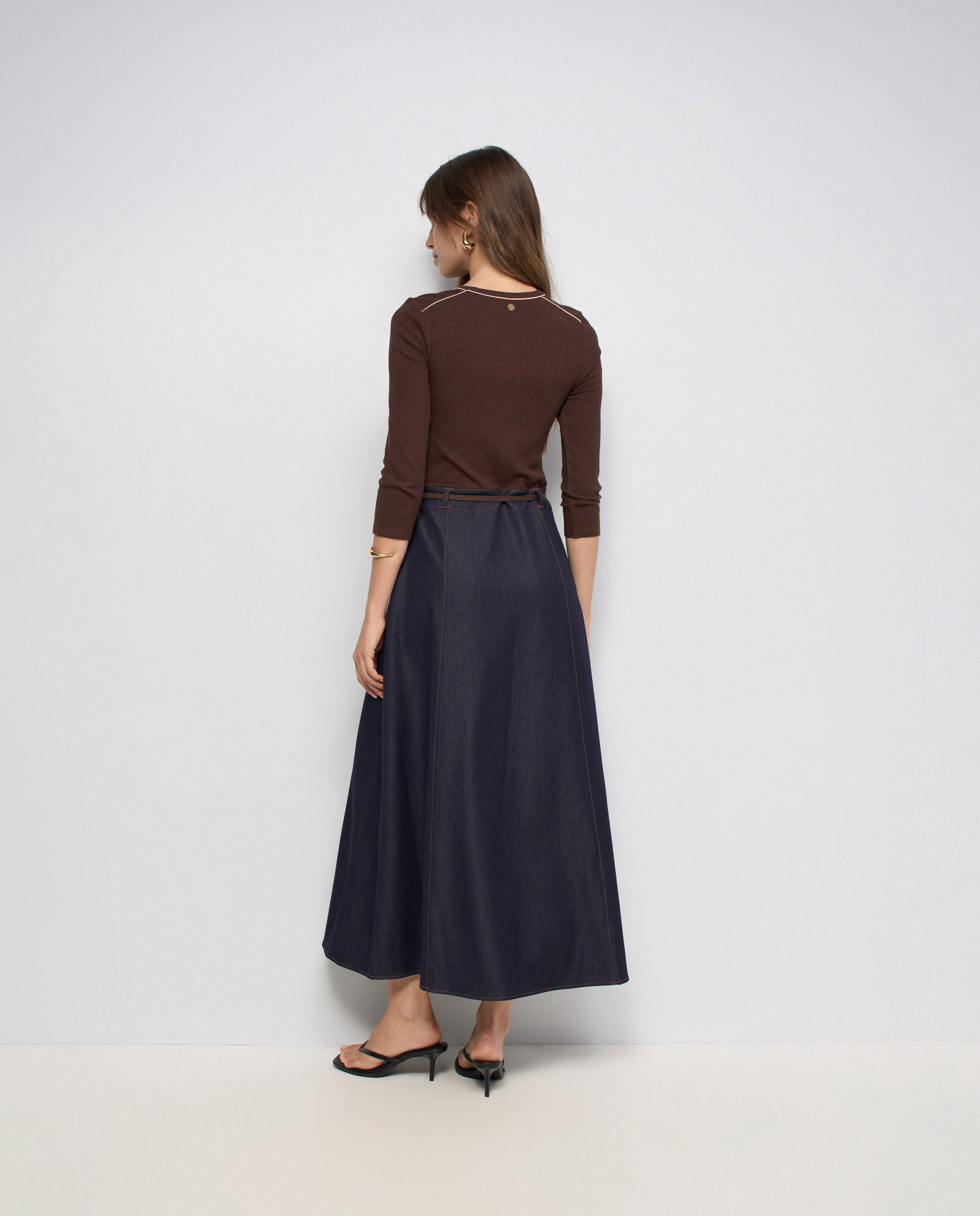 Vestido Midi com Mistura de Materiais Azul-3