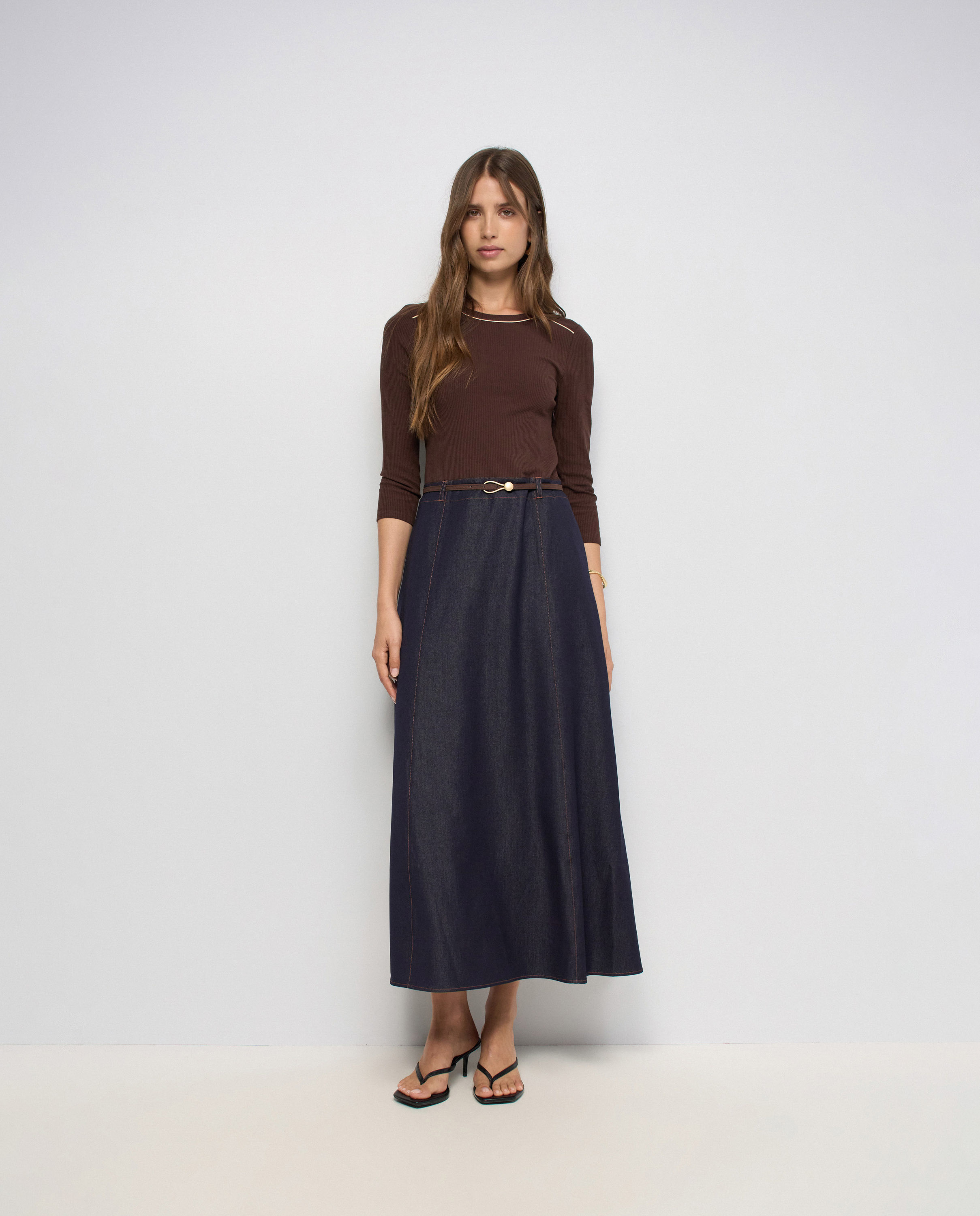 Vestido Midi com Mistura de Materiais Azul-5