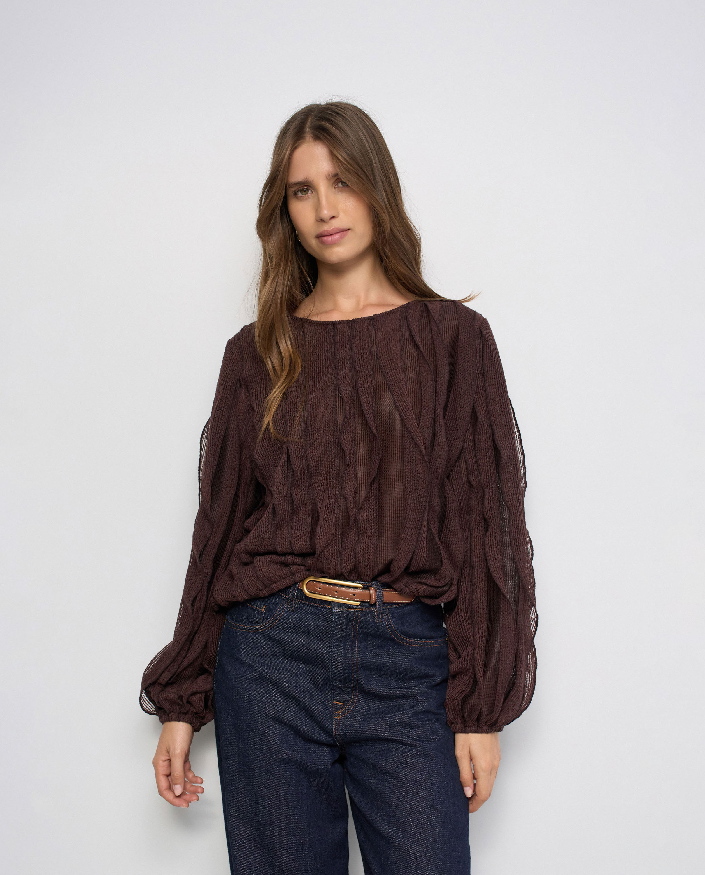 Blusa com Folhos Castanho-1