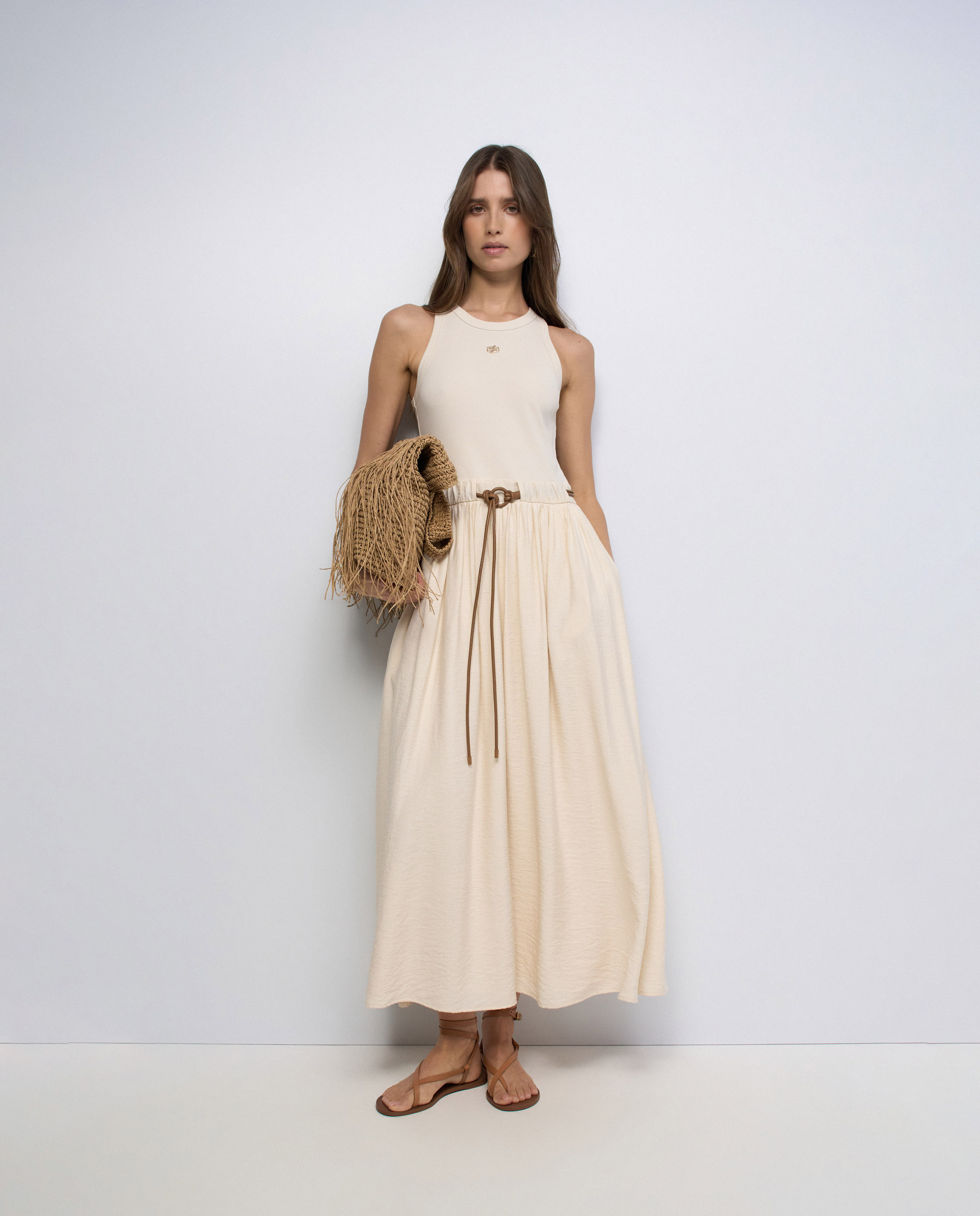 Vestido com Mistura de Materiais Natural-5