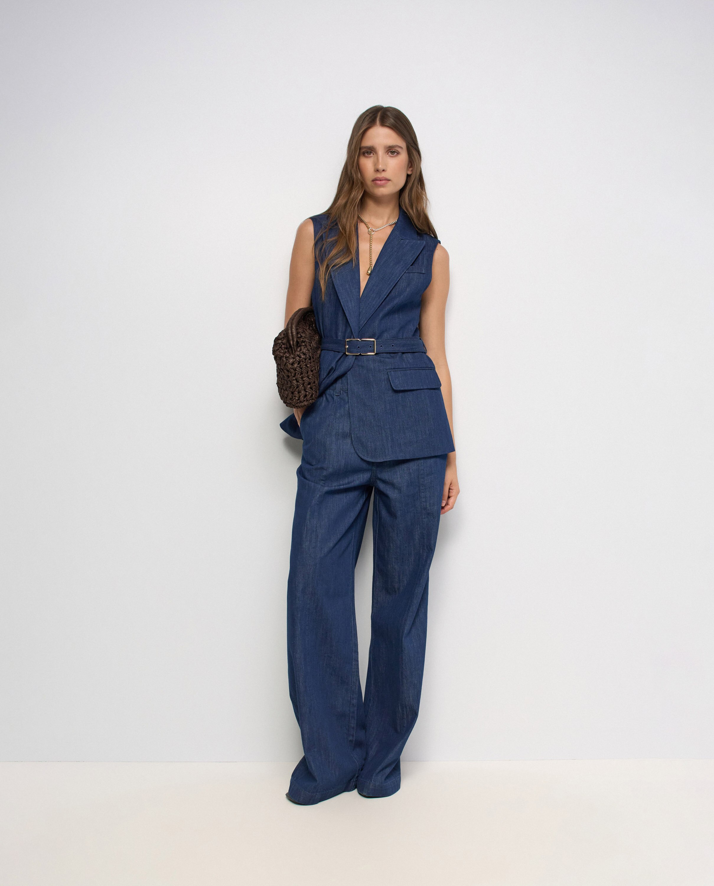 Calças Chino Perna Wide em Lightdenim Azul-5