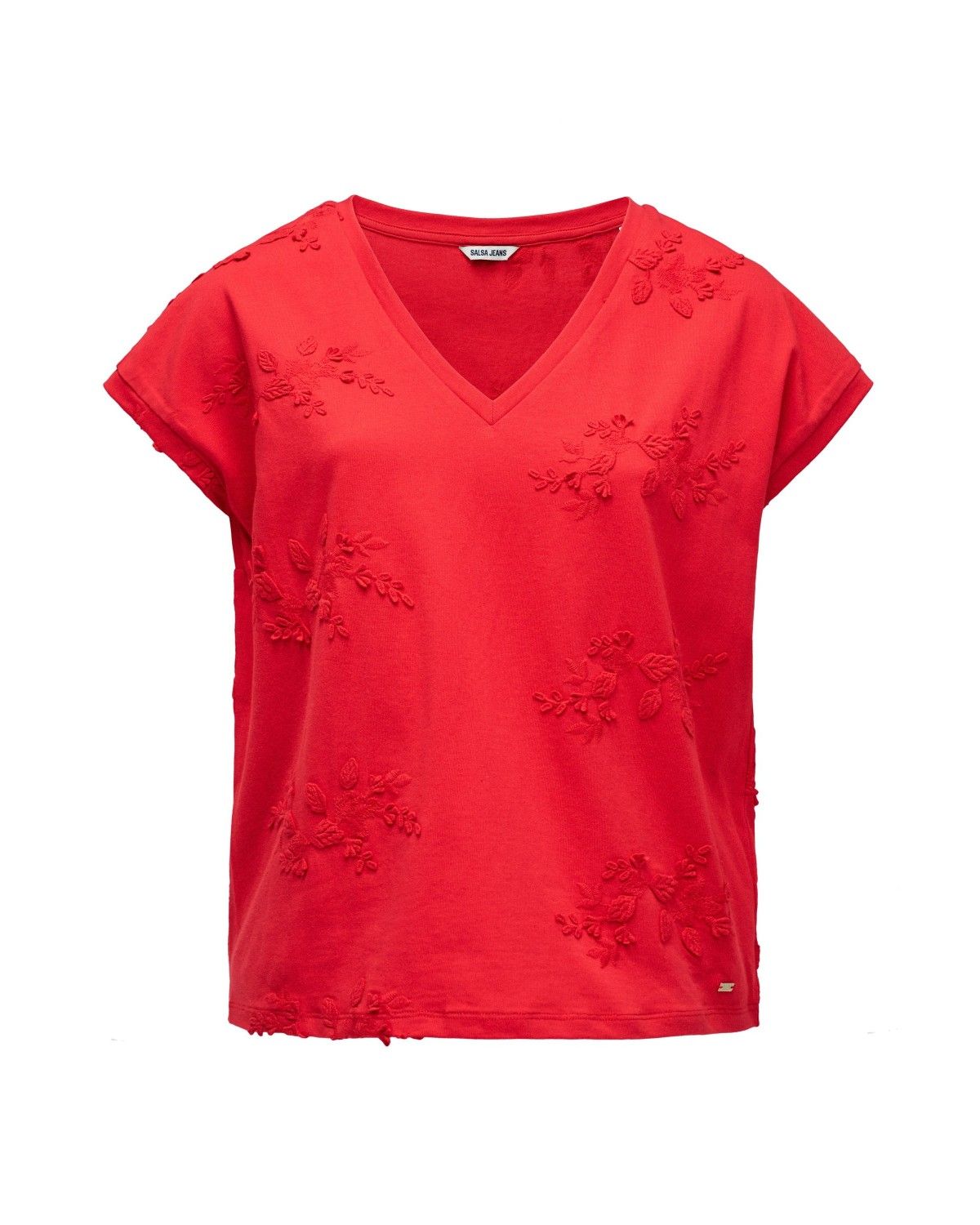 T-shirt com Bordados Florais Vermelho-6