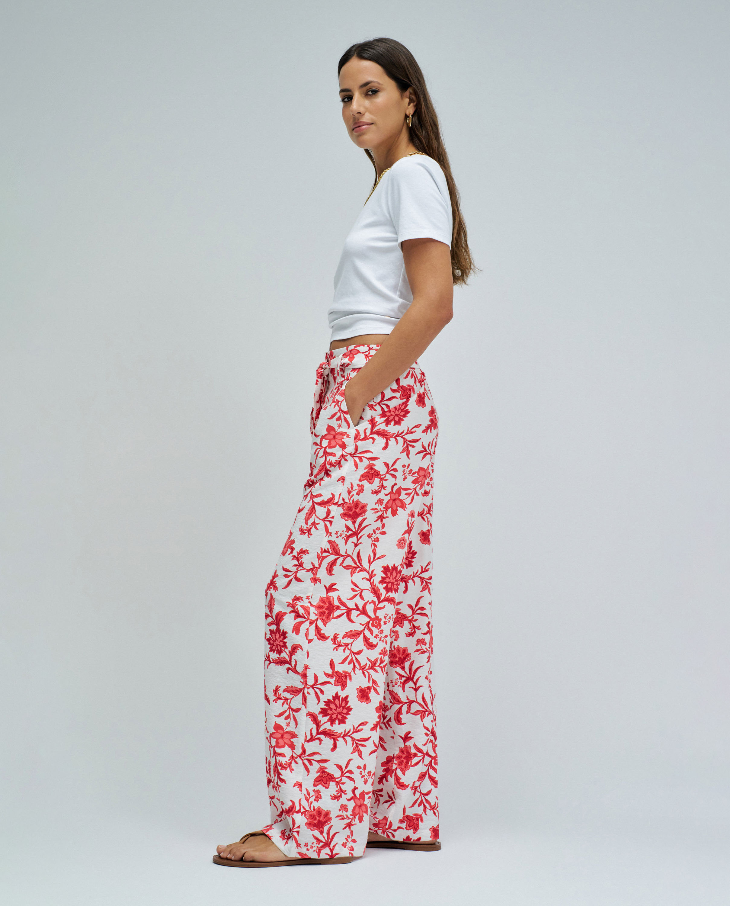 Calças Wide Leg com Estampado Floral Natural-2