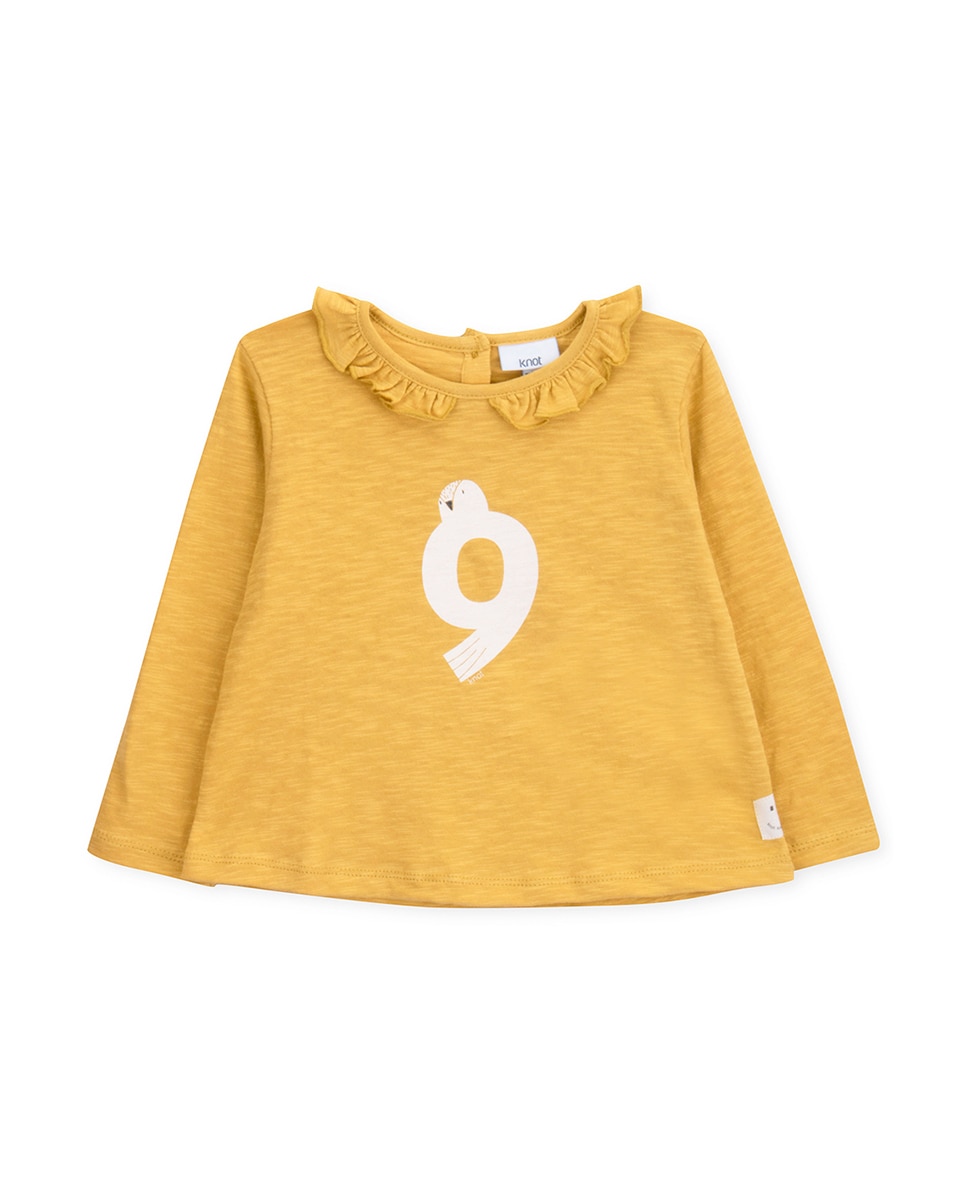 T-shirt de Bebé com Desenho Frontal e Folho na Gola KNOT Mostarda-1